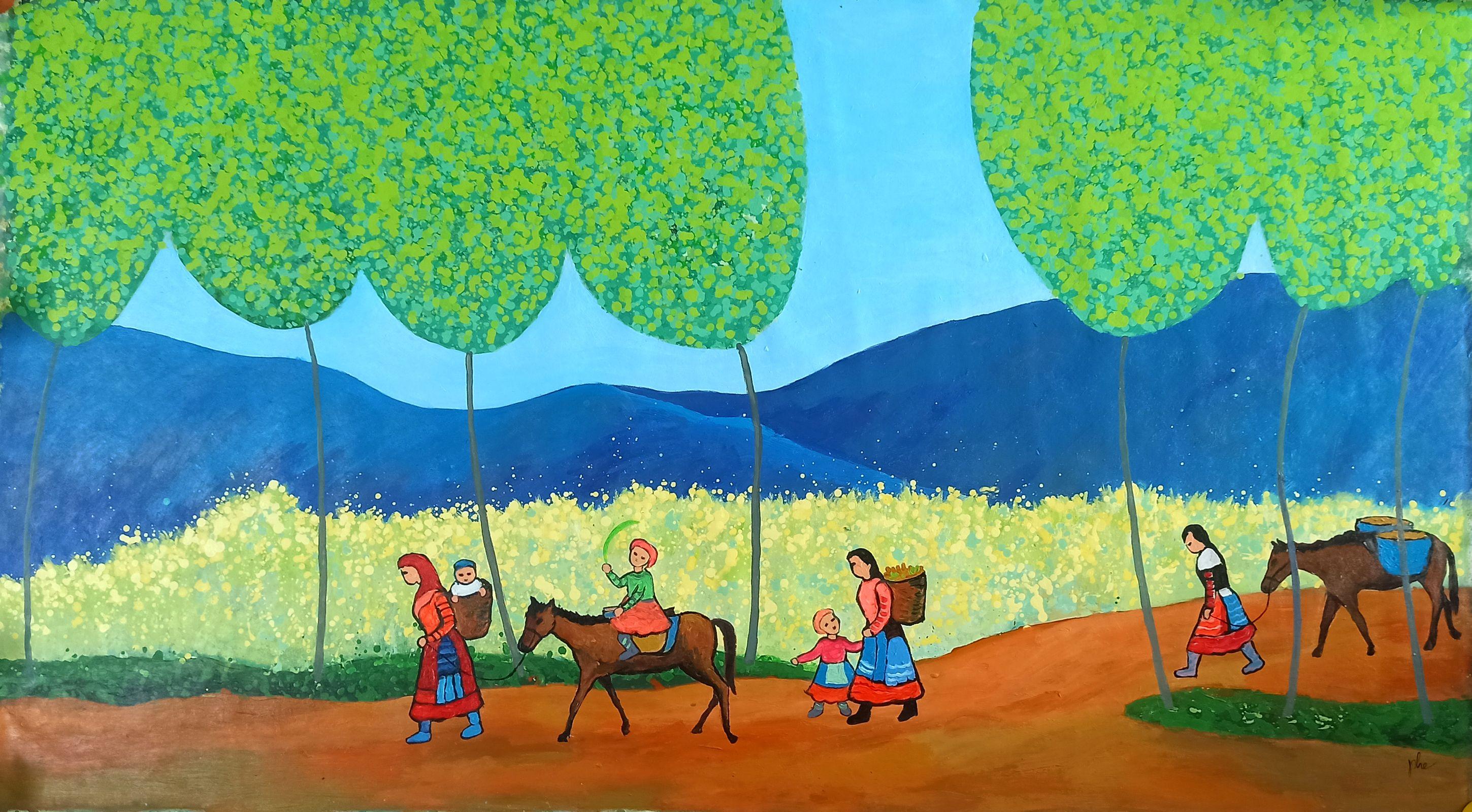 Sol de primavera en las tierras altas, Pintura, Acrílico sobre lienzo - Painting de Hoang Phuong