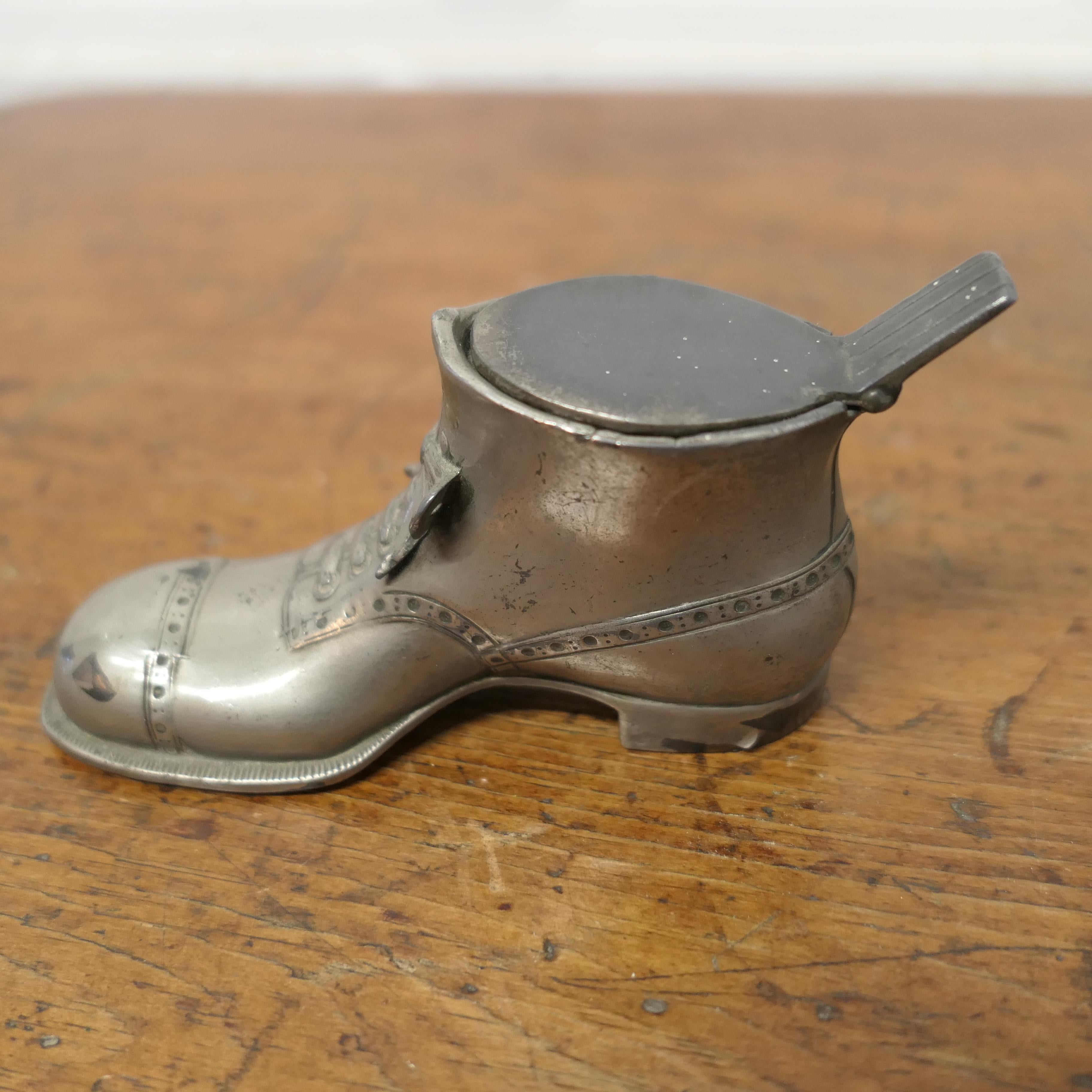 Steel Hob Nail Boot Shaped Inkwell Stand   This is a quirky desk top inkwell  For Sale