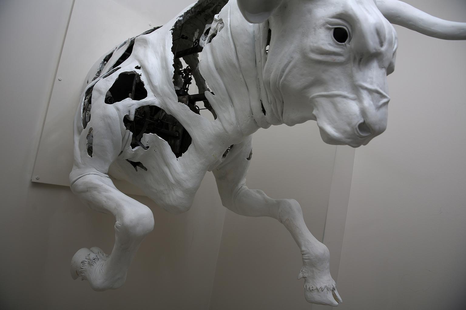 The Bull by Hobbes Vincent. White plaster and steel sculpture. Bull Bear Market 11