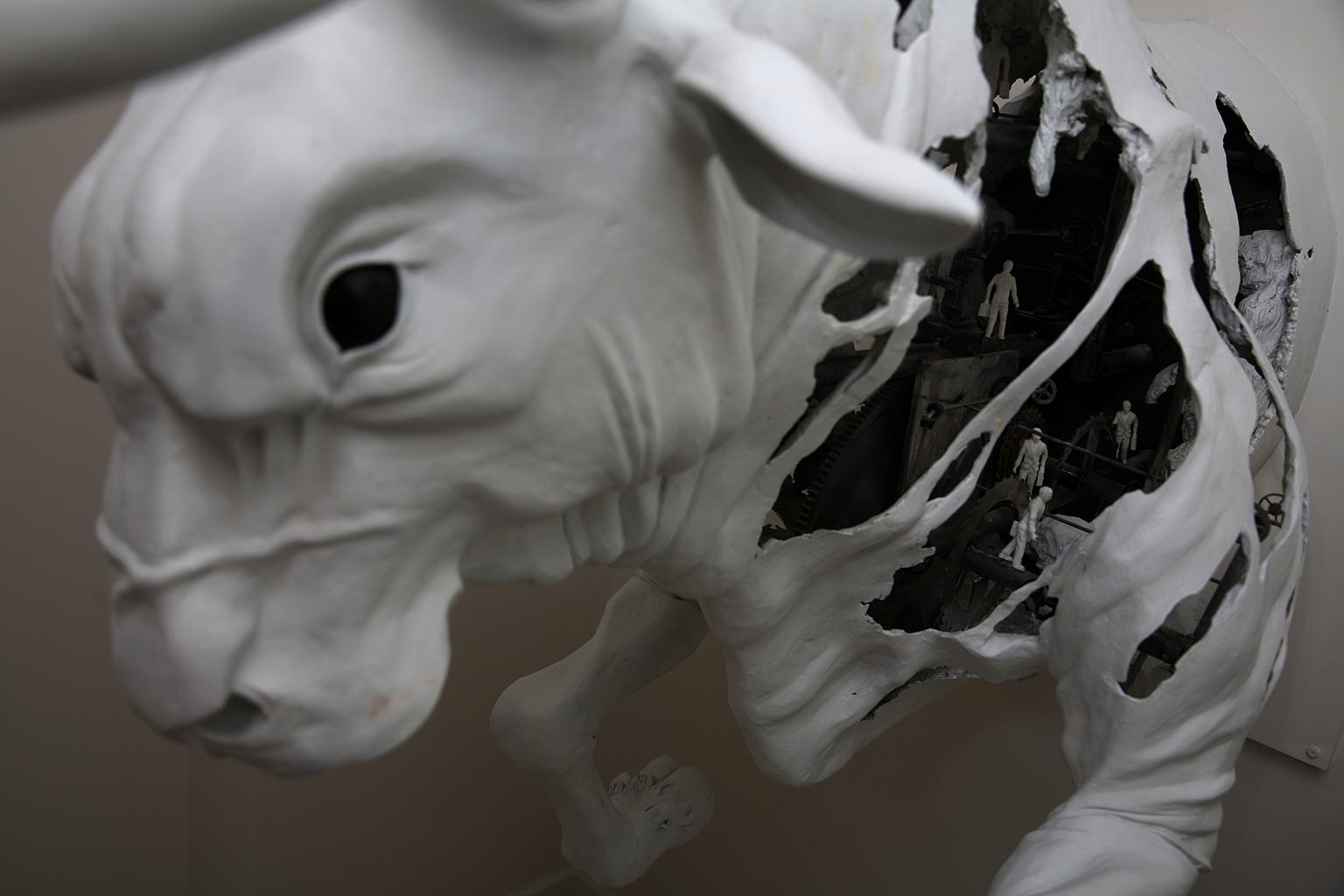 The Bull by Hobbes Vincent. White plaster and steel sculpture. Bull Bear Market 13