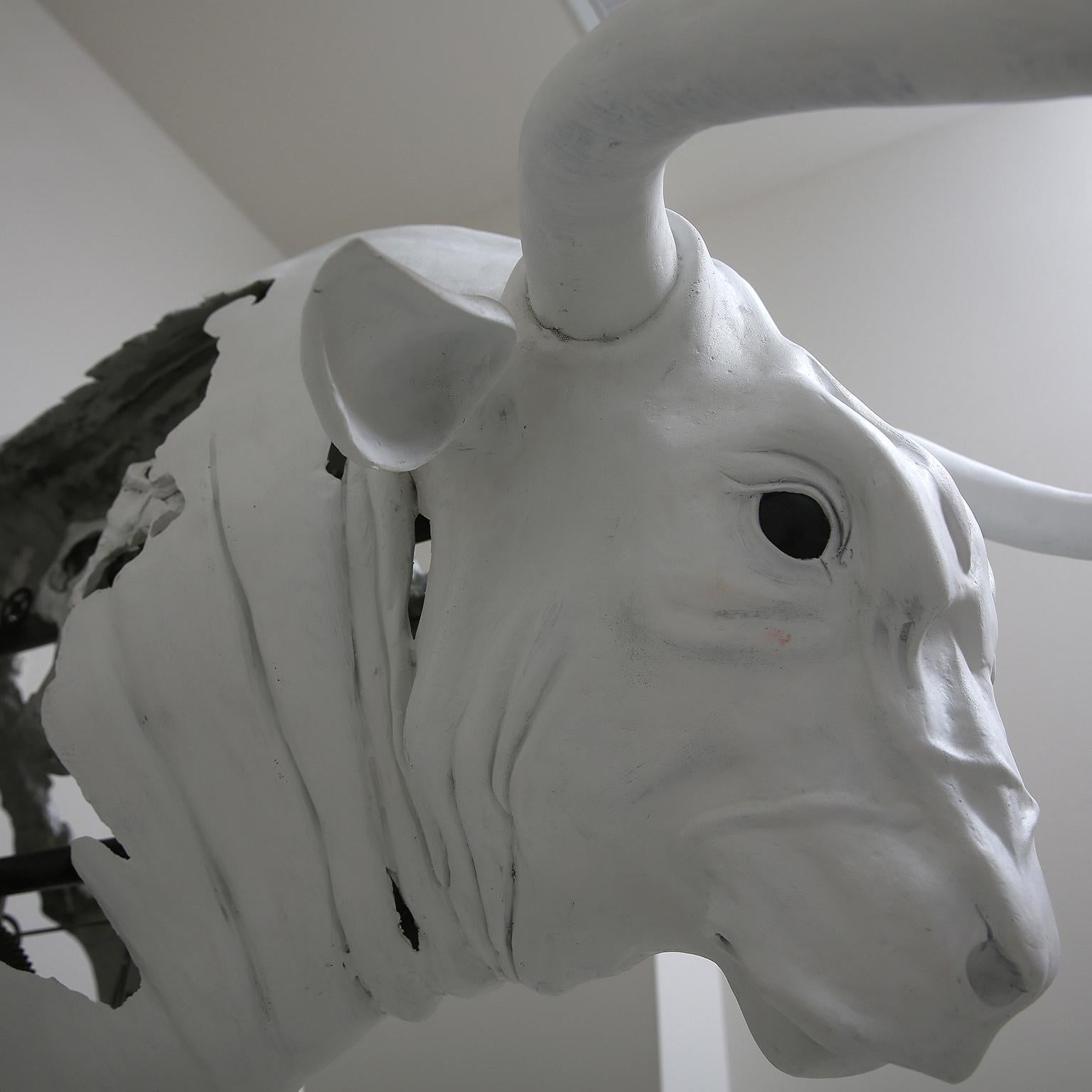 The Bull by Hobbes Vincent. White plaster and steel sculpture. Bull Bear Market 2