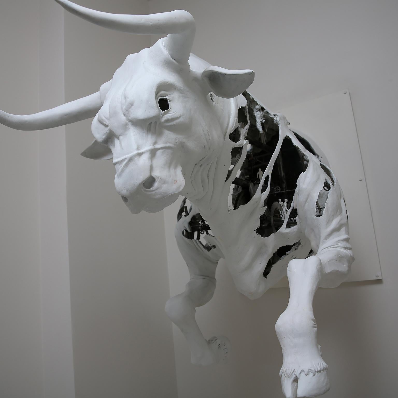 The Bull by Hobbes Vincent. White plaster and steel sculpture. Bull Bear Market 4