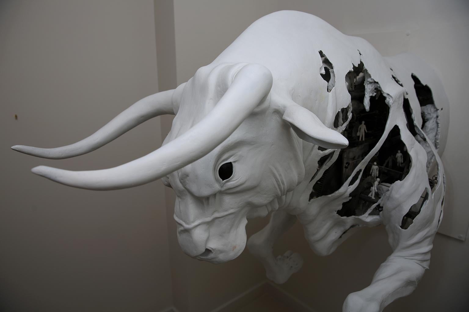 The Bull by Hobbes Vincent. White plaster and steel sculpture. Bull Bear Market 5