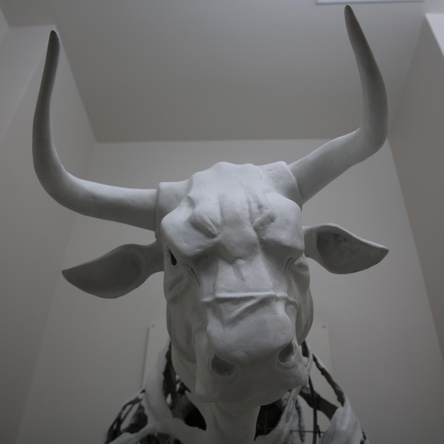 The Bull by Hobbes Vincent. White plaster and steel sculpture. Bull Bear Market 6