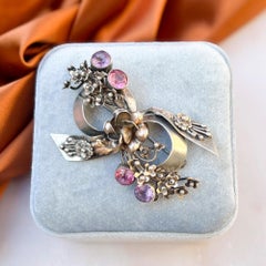 Hobé 1940s Sterling, Gold Plate and Glass Vintage Floral Bow Brooch