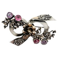 Hobé 1940s Sterling, Gold Plate and Glass Vintage Floral Bow Brooch