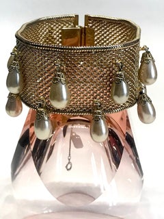 Hobe' 1950s Woven Mesh Bracelet with Pearl Dangles