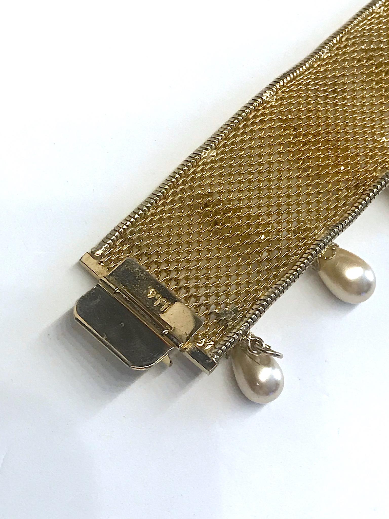 Hobe' 1950s Woven Mesh Bracelet with Pearl Dangles 1