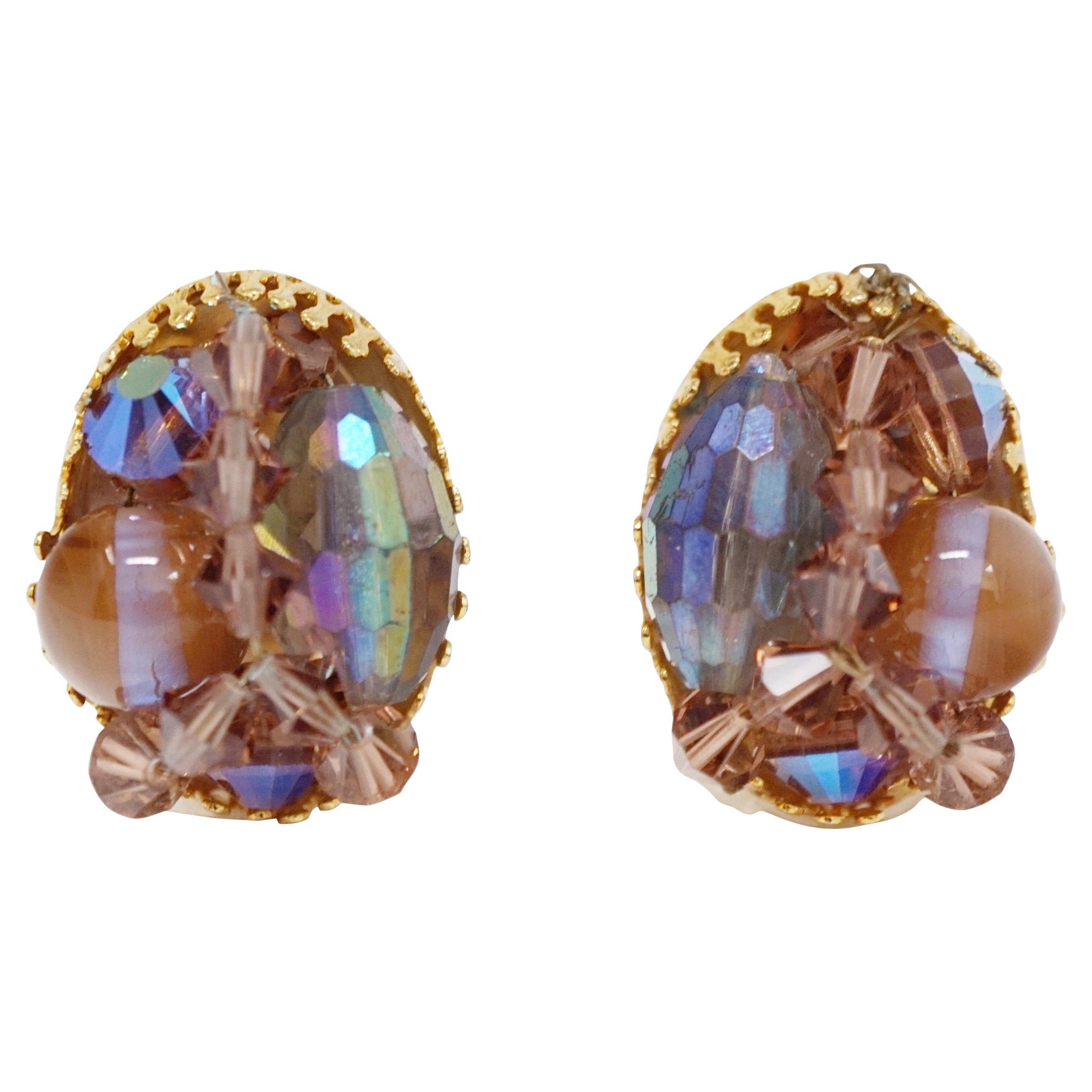 Hobé Aurora Borealis Crystal Cluster Clip-On Earrings Pair, circa 1970, Signed For Sale
