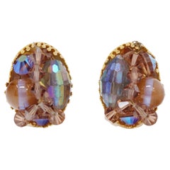 Vintage Hobé Aurora Borealis Crystal Cluster Clip-On Earrings Pair, circa 1970, Signed