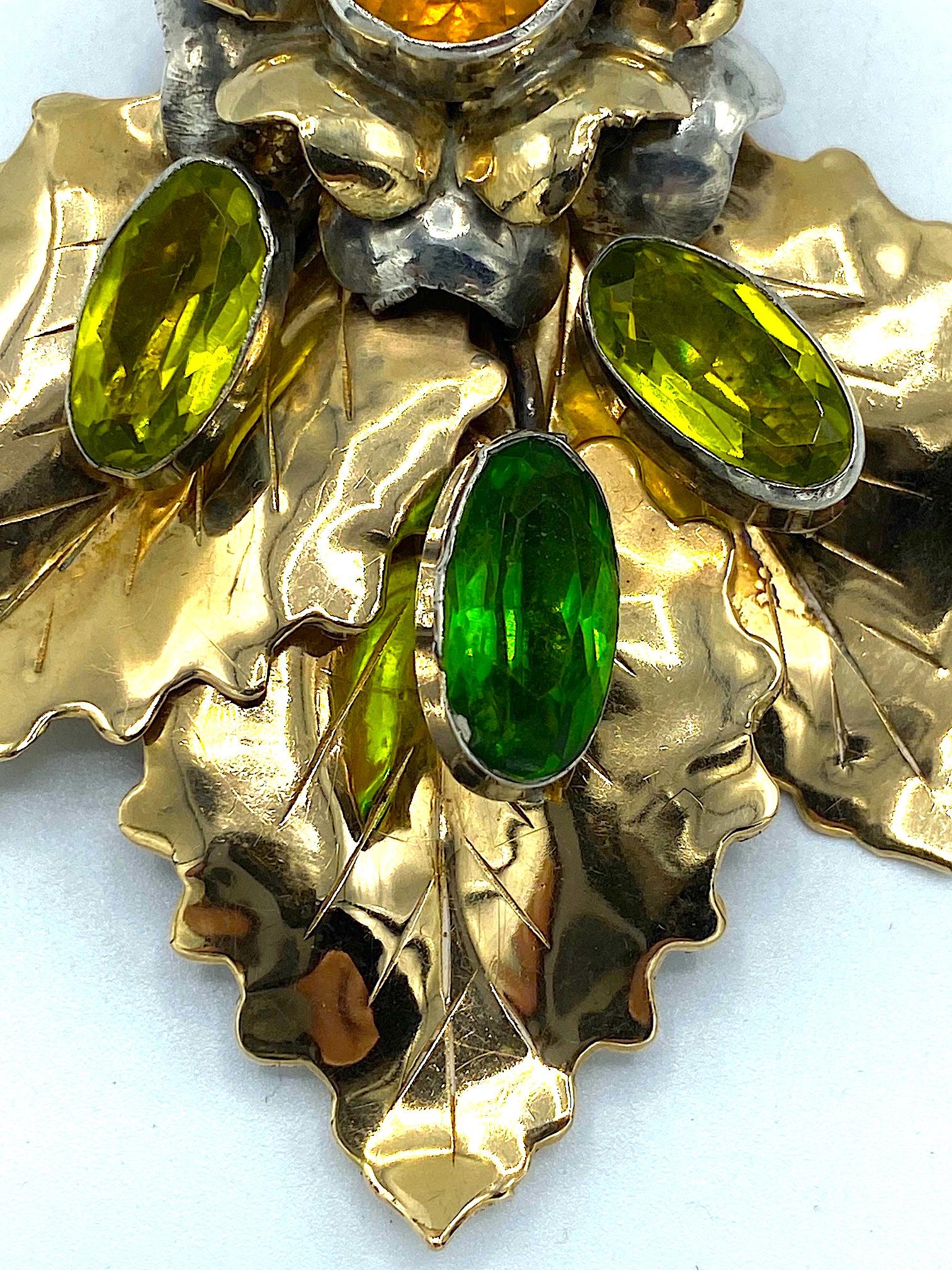 Hobe Gold on Sterling Silver & Glass Jeweled Floral Brooch In Good Condition In New York, NY