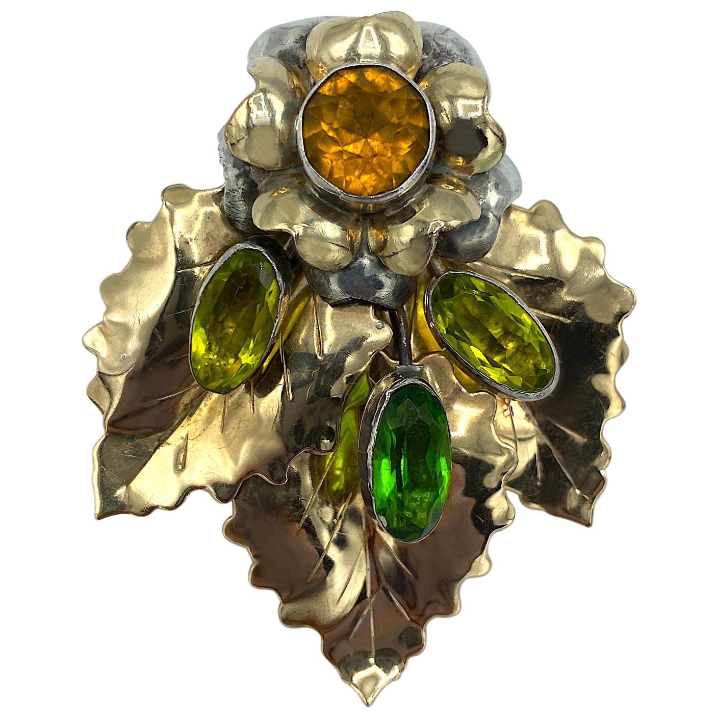 Hobe Gold on Sterling Silver & Glass Jeweled Floral Brooch