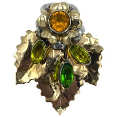 Vintage Hobe Gold on Sterling Silver & Glass Jeweled Floral Brooch