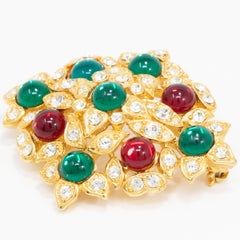 Hobe Gold Red and Green Cabochon Pin Brooch with Crystals, Mid 1900s