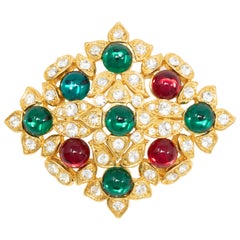 Retro Hobe Gold Red and Green Cabochon Pin Brooch with Crystals, Mid 1900s