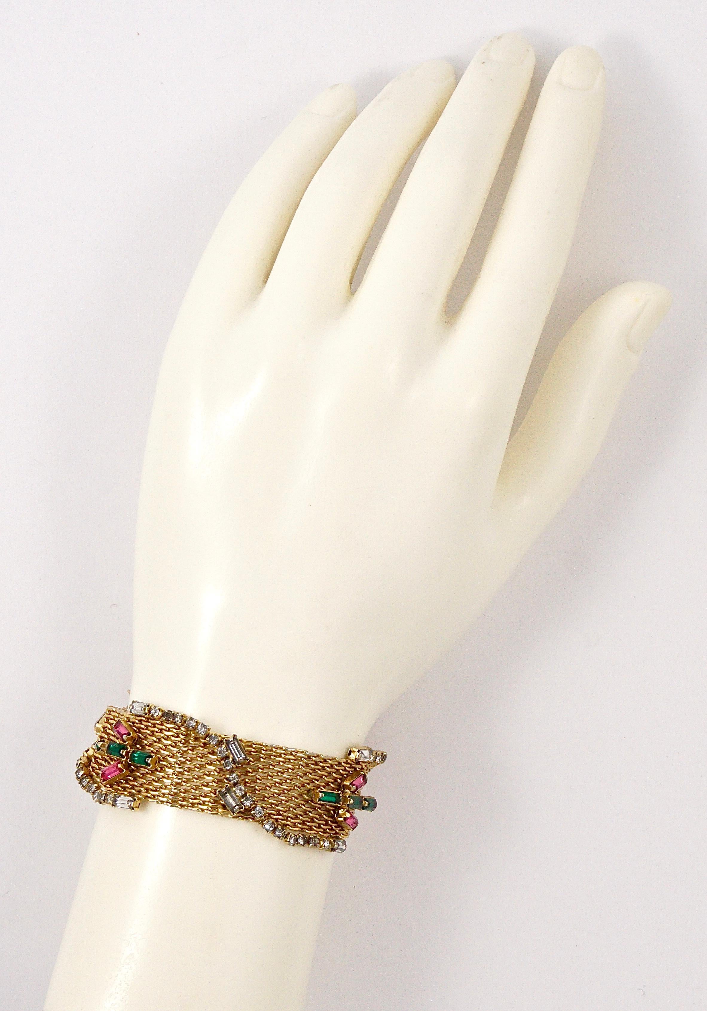 Hobe Gold Tone Mesh and Pink, Green, and Clear Rhinestone Bracelet 1950s In Good Condition In London, GB