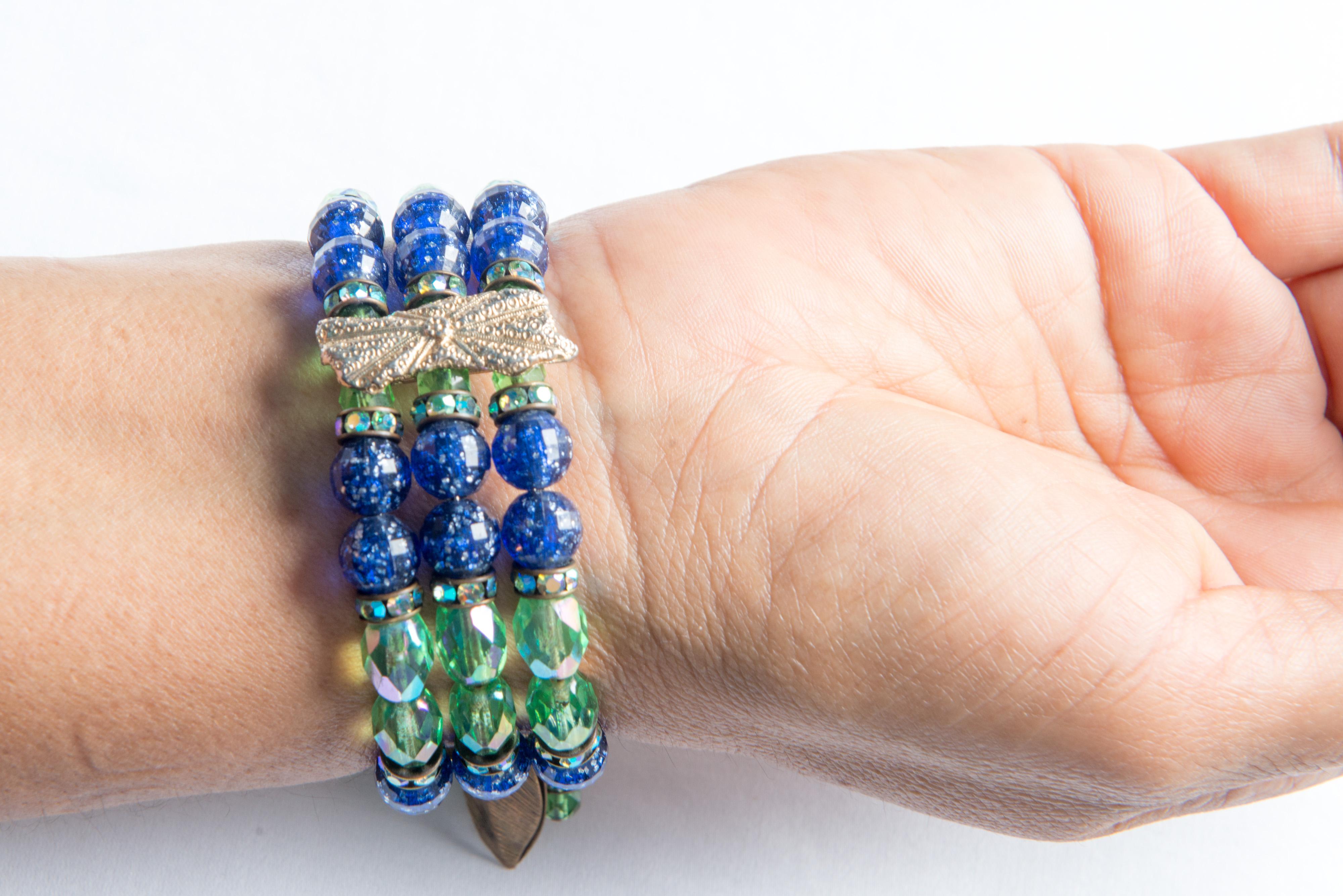 Women's Hobe Green, Blue Beaded Necklace, Bracelet, Earring Set For Sale