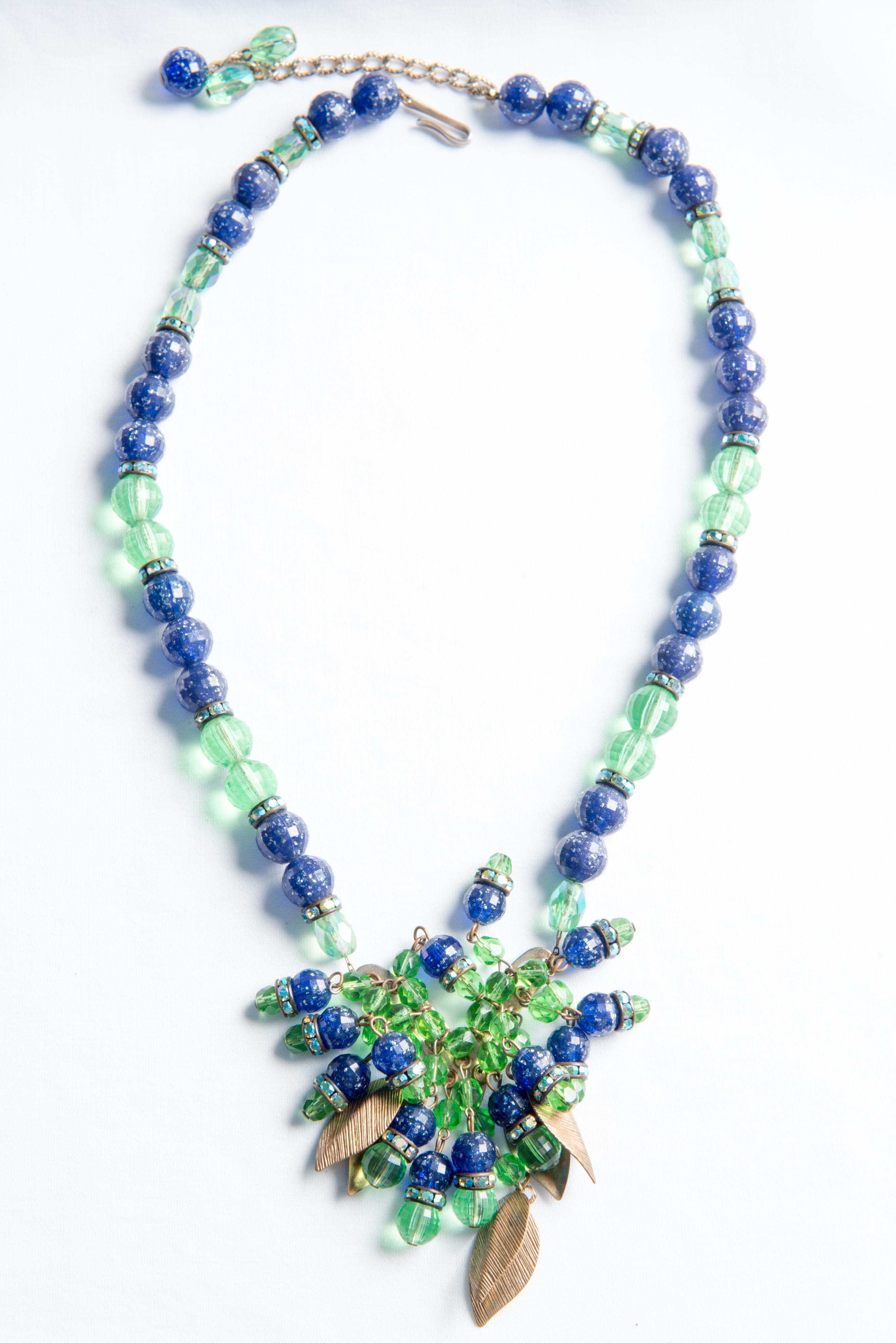 Hobe Green, Blue Beaded Necklace, Bracelet, Earring Set For Sale 2