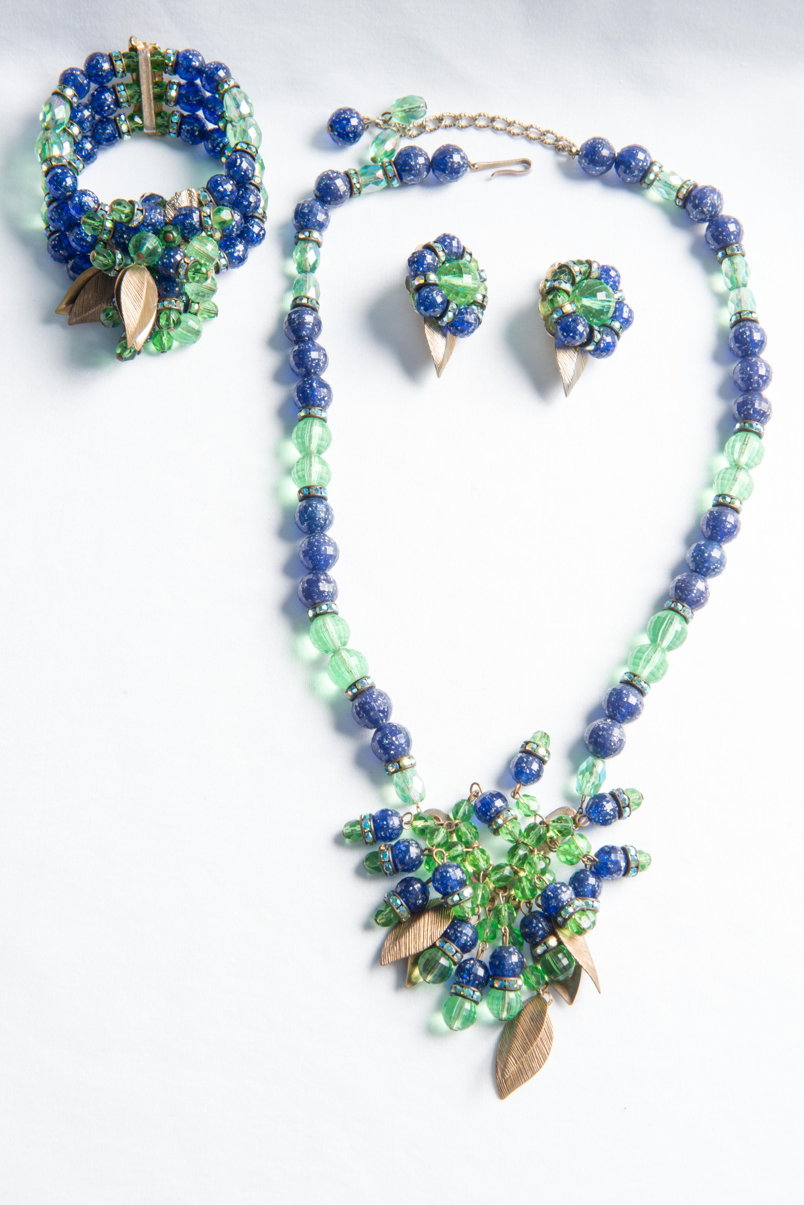 Hobe Green, Blue Beaded Necklace, Bracelet, Earring Set For Sale 4