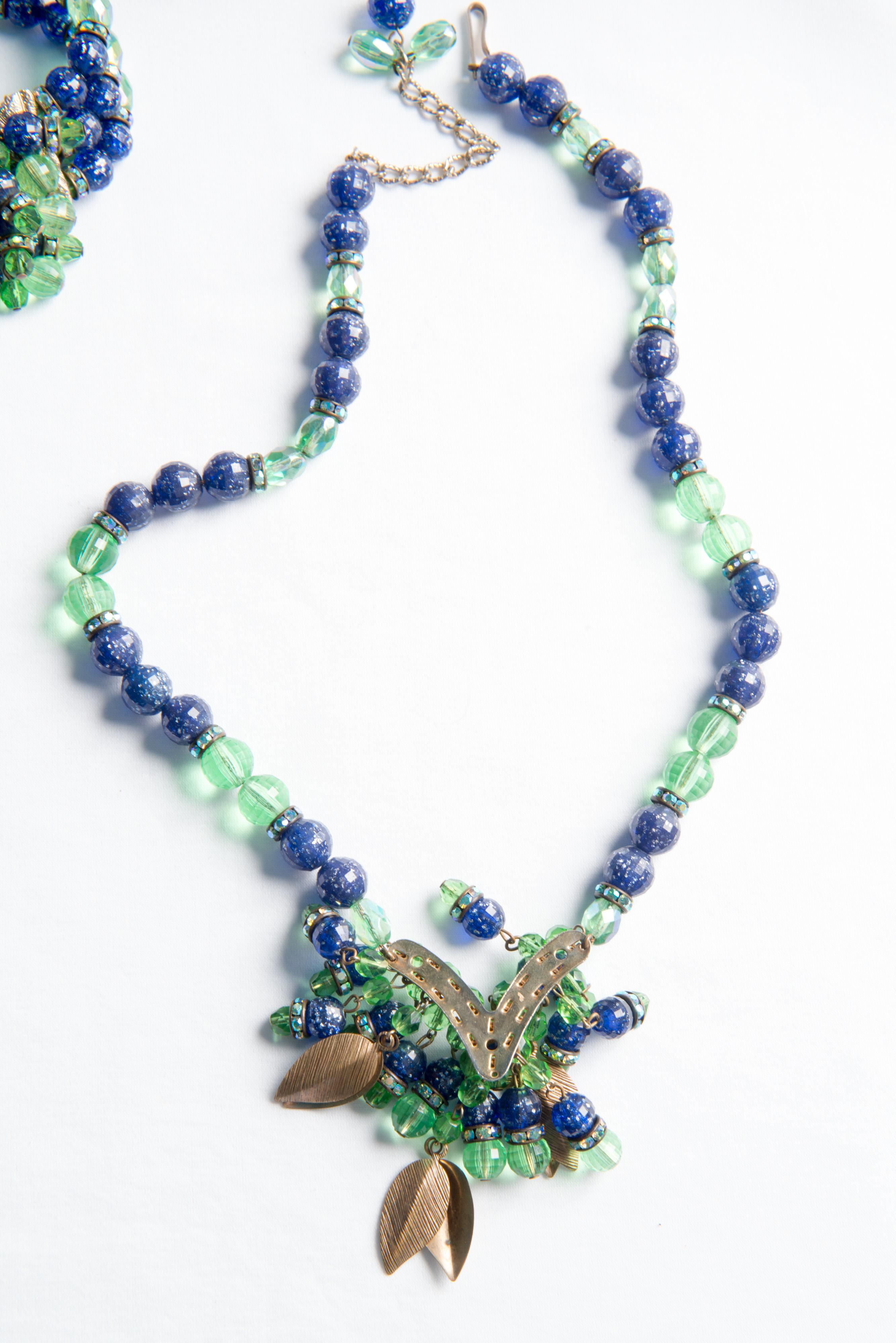 Hobe Green, Blue Beaded Necklace, Bracelet, Earring Set For Sale 5