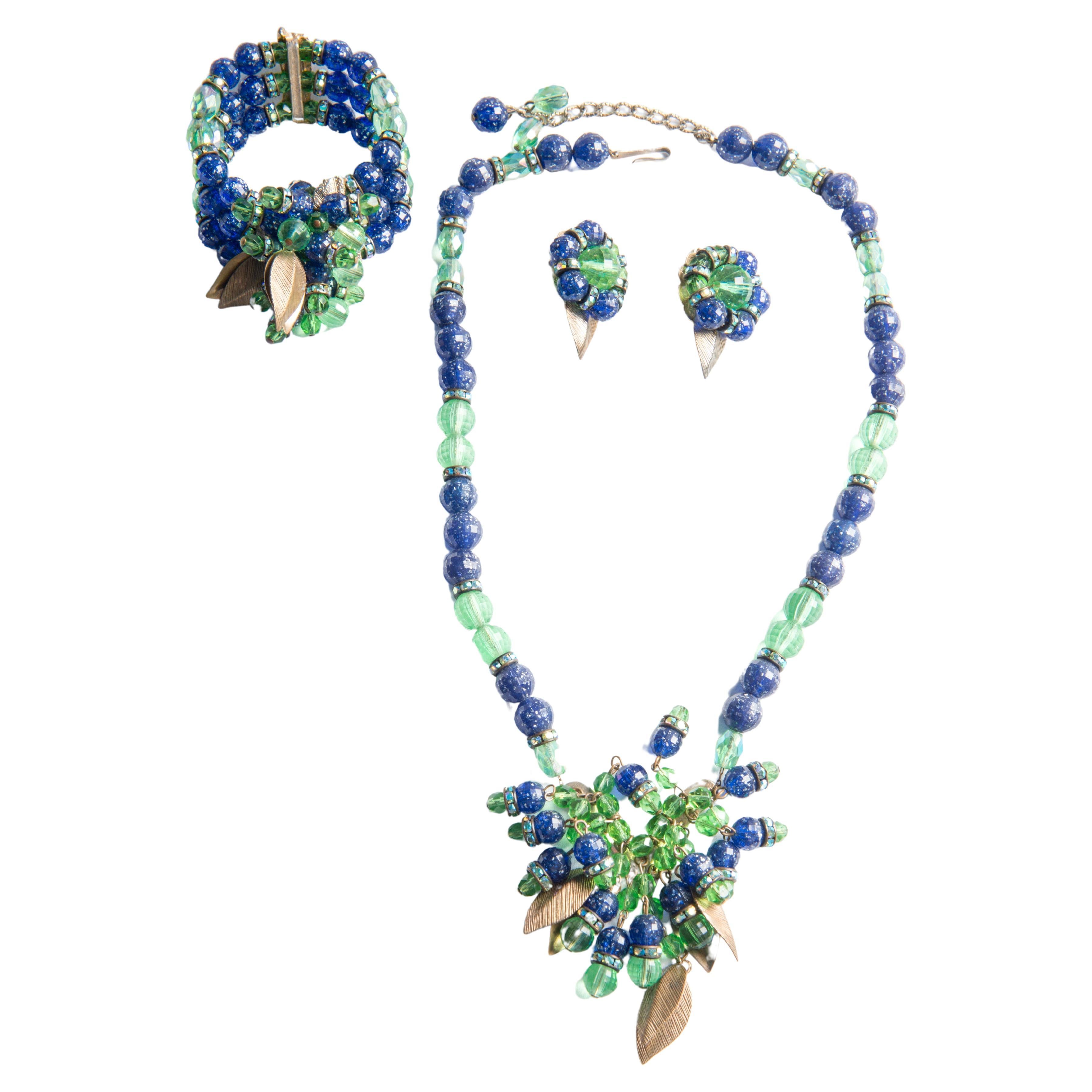 Hobe Green, Blue Beaded Necklace, Bracelet, Earring Set For Sale