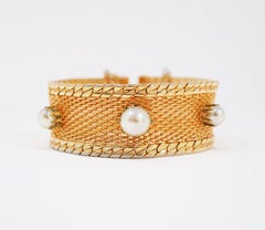 Hobé Mesh Cuff Bracelet with Graduating Pearl Accents, circa 1960, Signed