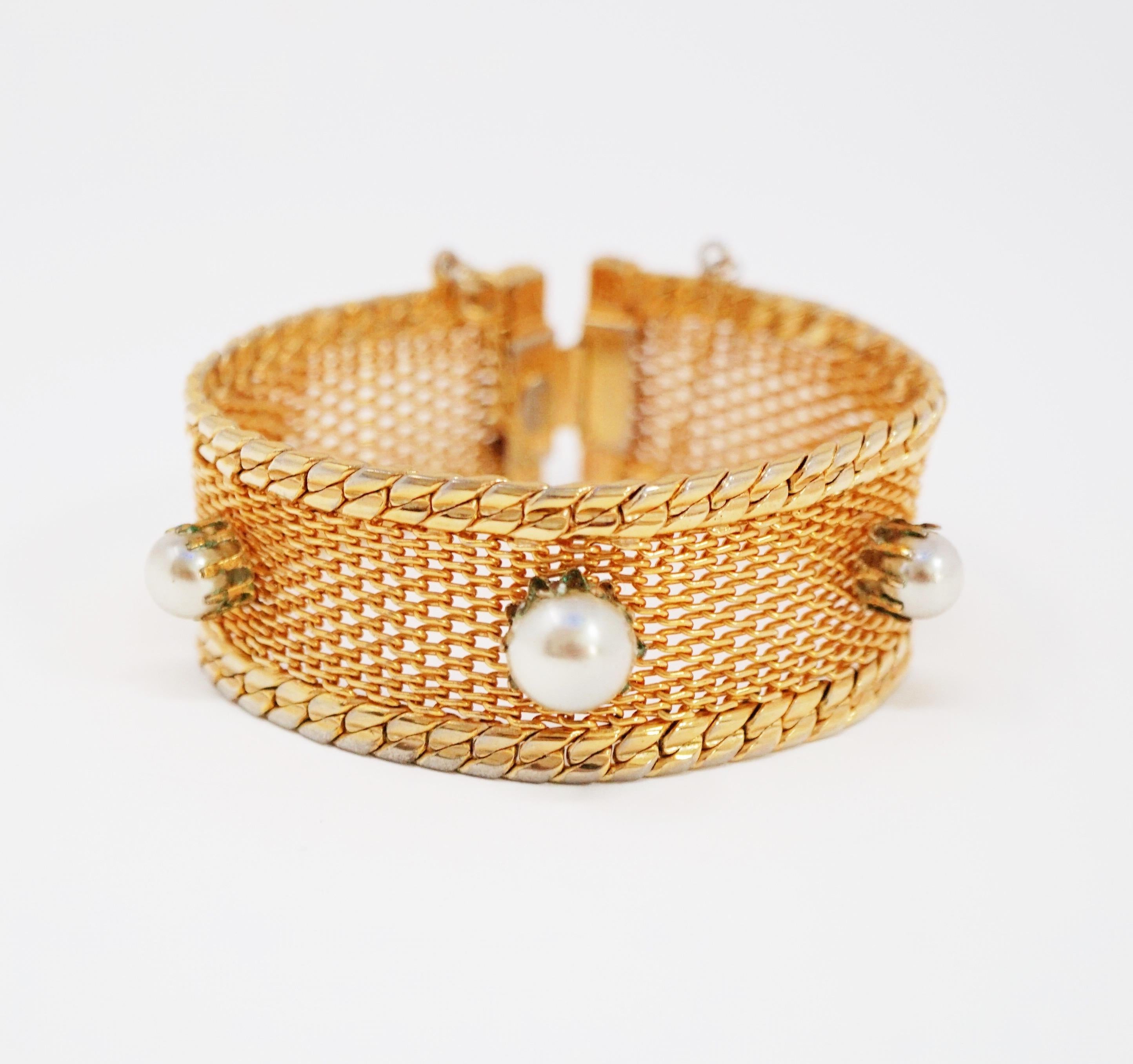 Modernist Hobé Mesh Cuff Bracelet with Graduating Pearl Accents, circa 1960, Signed