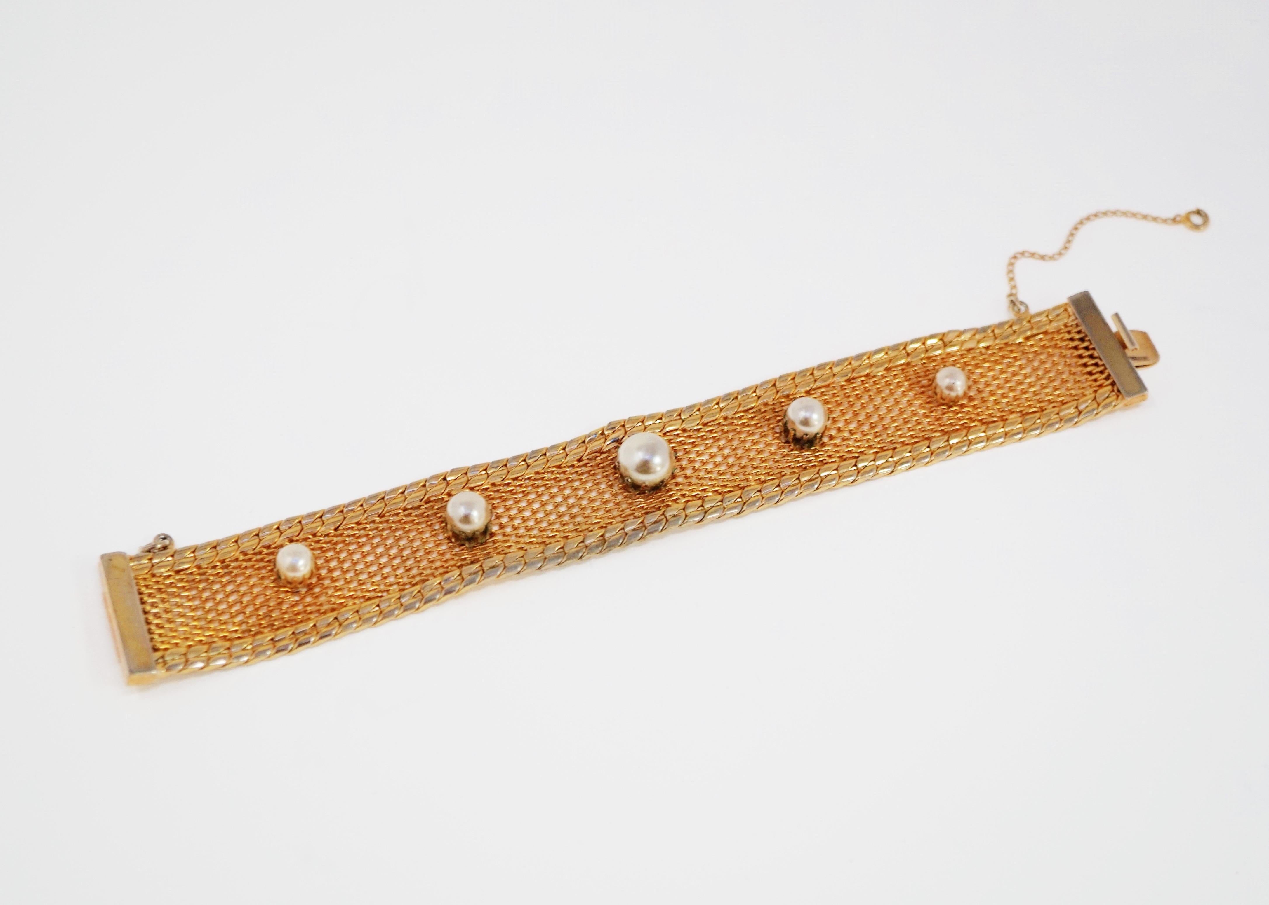 Women's Hobé Mesh Cuff Bracelet with Graduating Pearl Accents, circa 1960, Signed