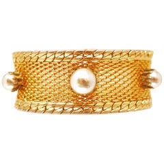 Hobé Mesh Cuff Bracelet with Graduating Pearl Accents, circa 1960, Signed