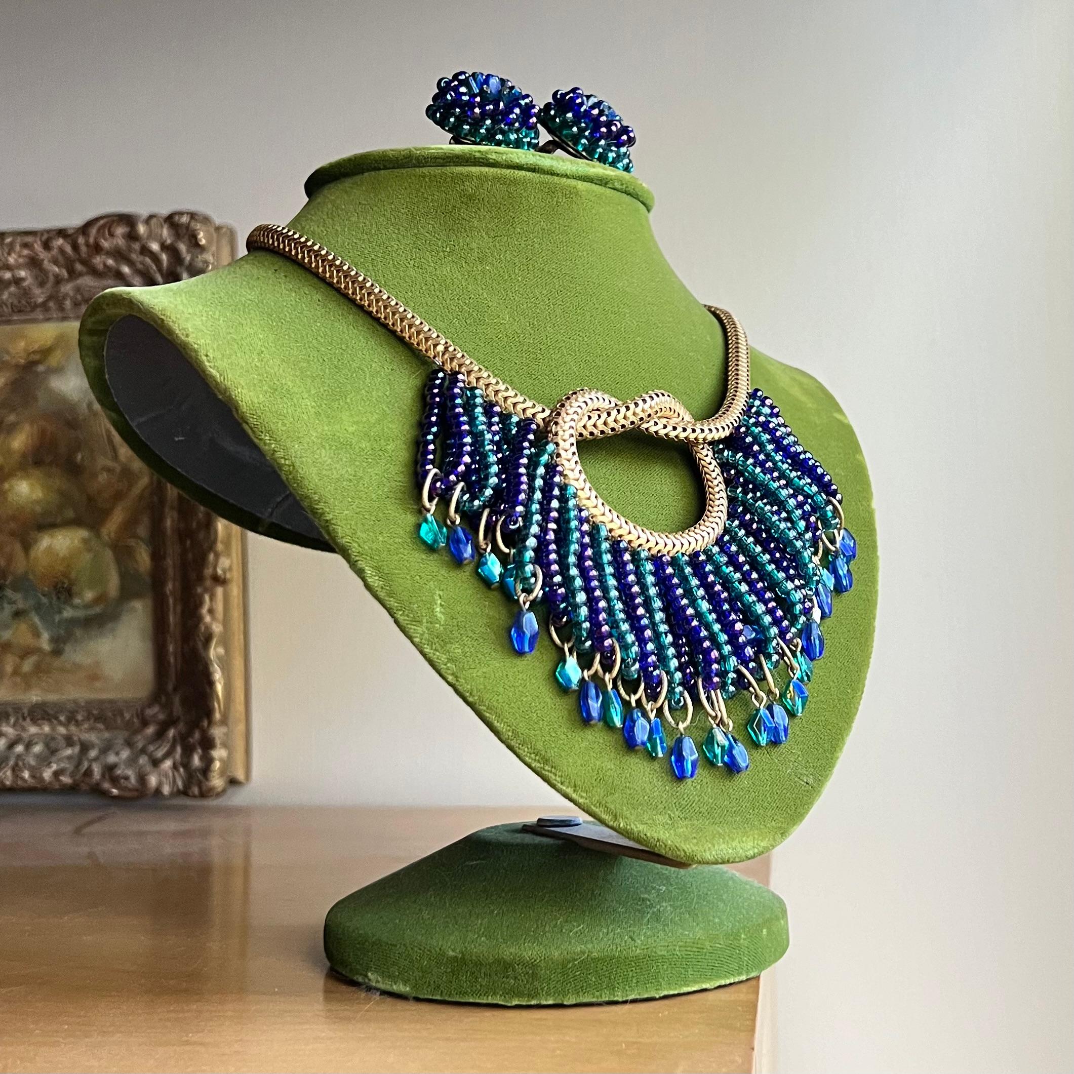 Mid-Century Modern Hobe Peacock Fringe Set Necklace & Earrings For Sale