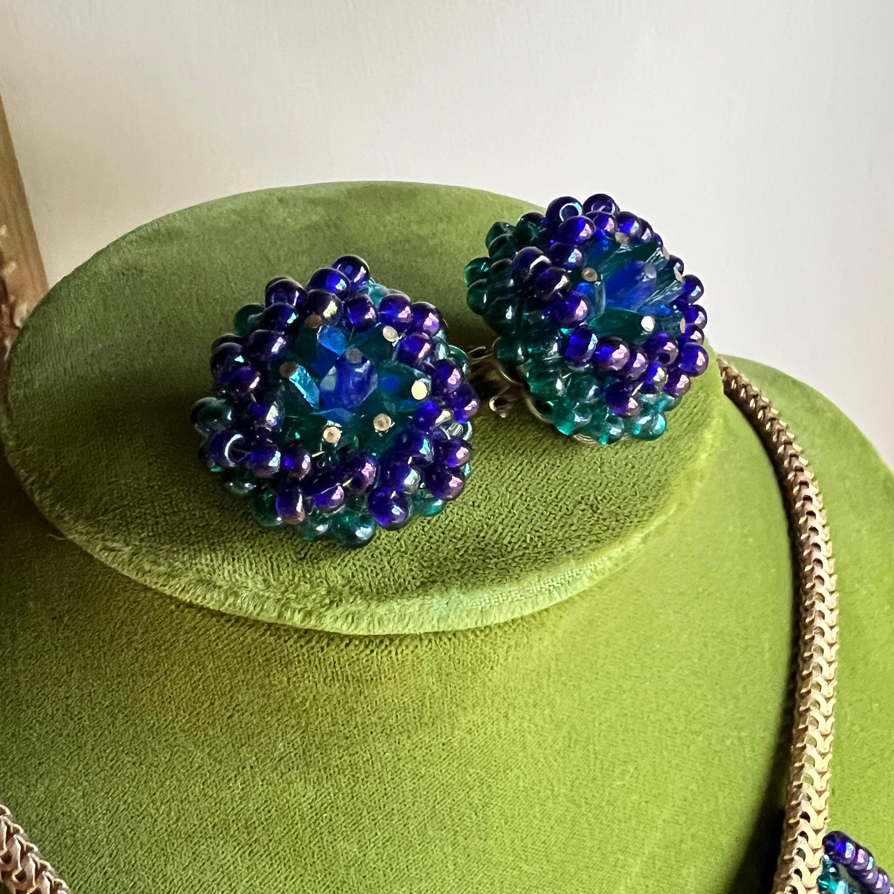 Hand-Crafted Hobe Peacock Fringe Set Necklace & Earrings For Sale