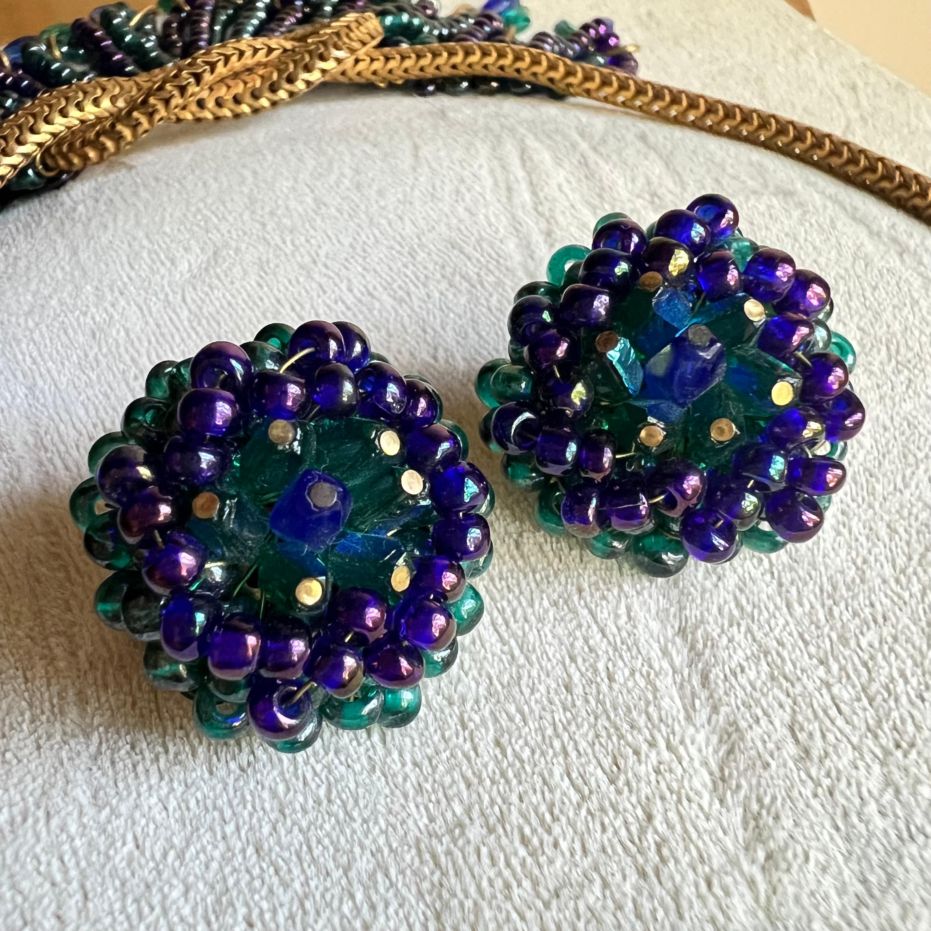 Hobe Peacock Fringe Set Necklace & Earrings In Good Condition For Sale In Hyattsville, MD