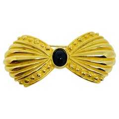 Vintage HOBE signed gold tone black cab Etruscan bow designer brooch