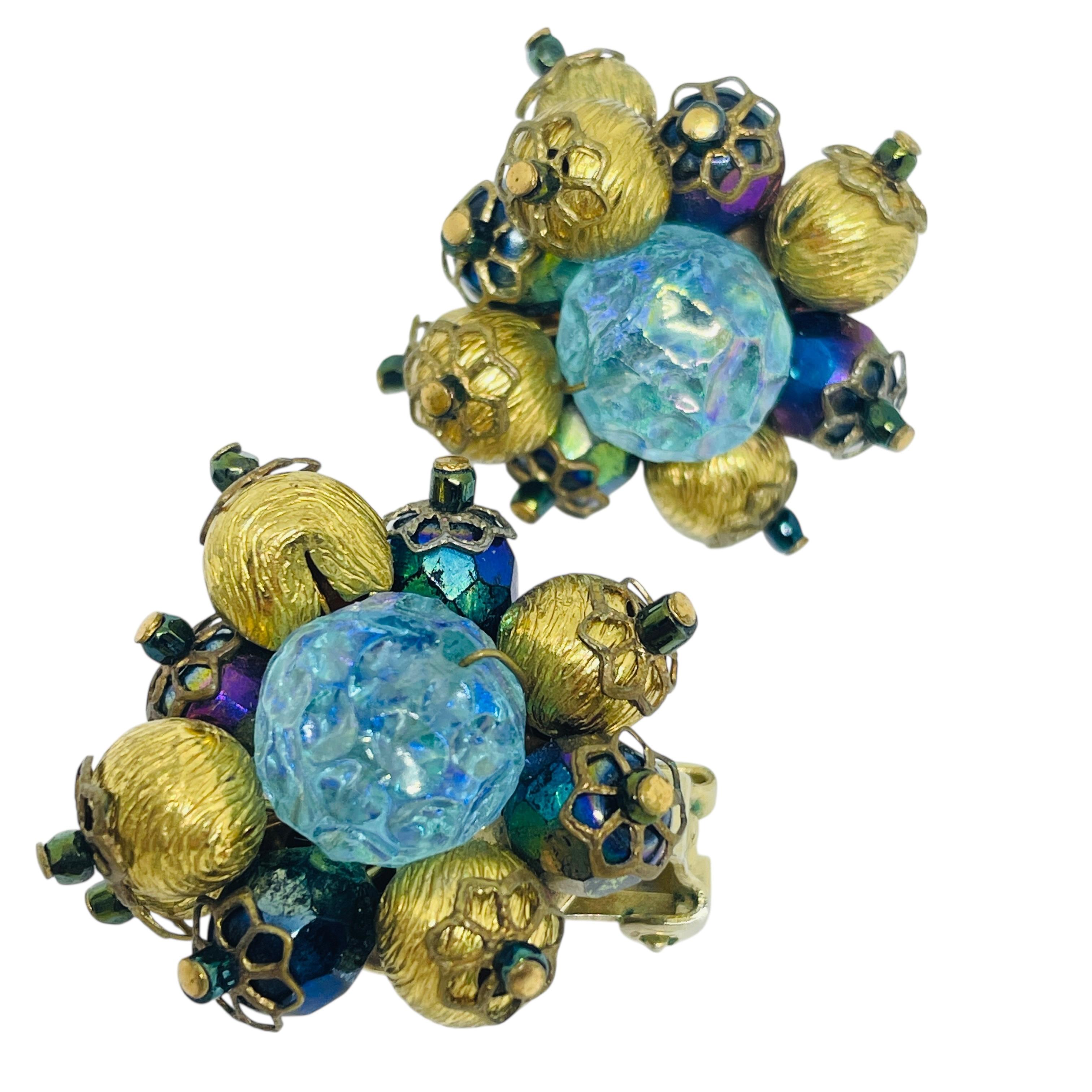 Women's or Men's HOBE signed vintage gold tone beaded glass designer clip on earrings For Sale