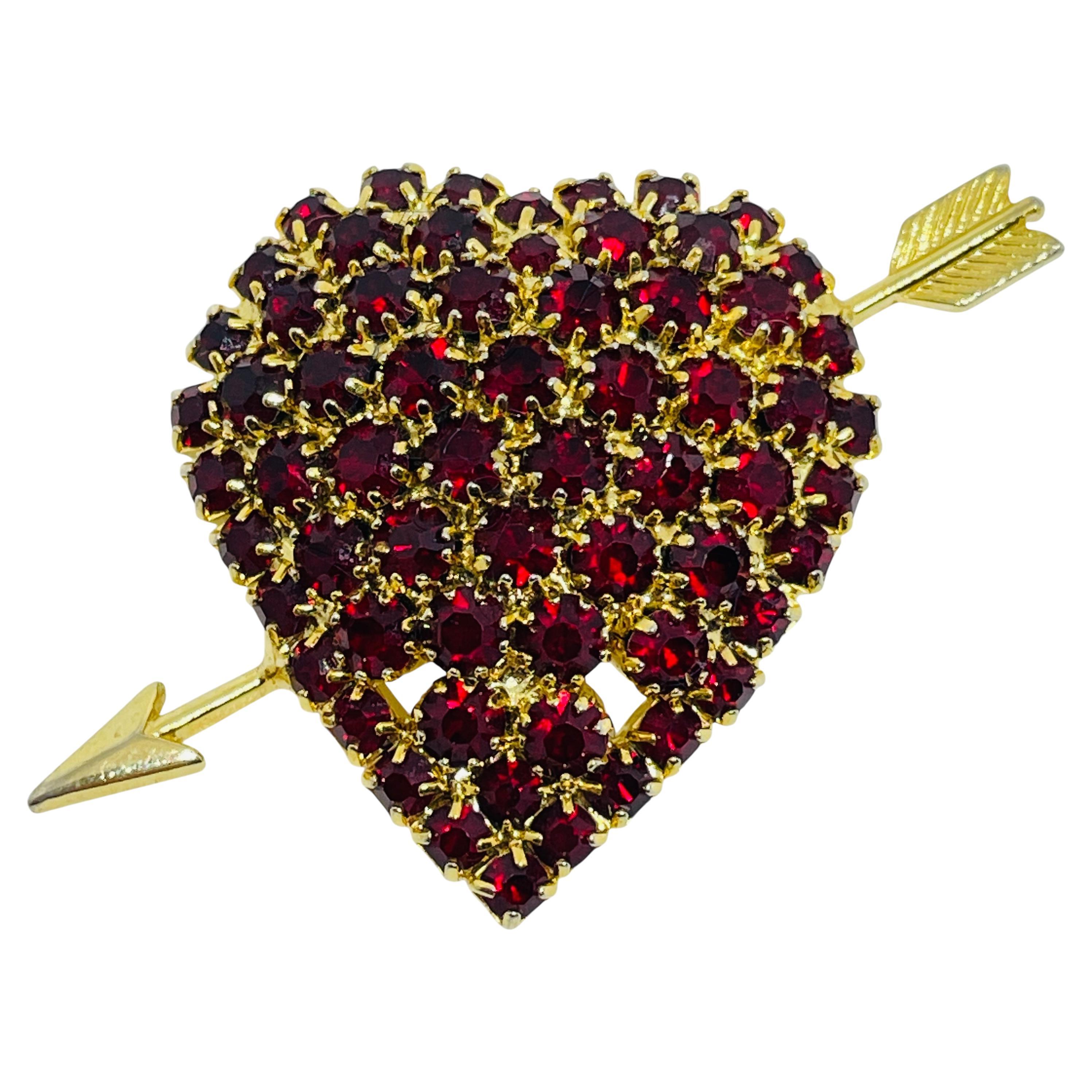 HOBE signed vintage gold tone red rhinestone heart designer brooch