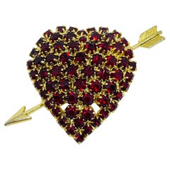 HOBE signed vintage gold tone red rhinestone heart designer brooch