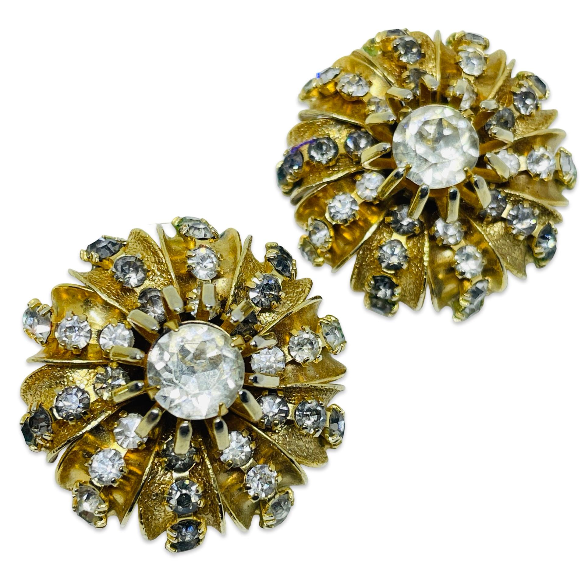 HOBE signed vintage gold tone rhinestone designer clip on earrings im Angebot 1