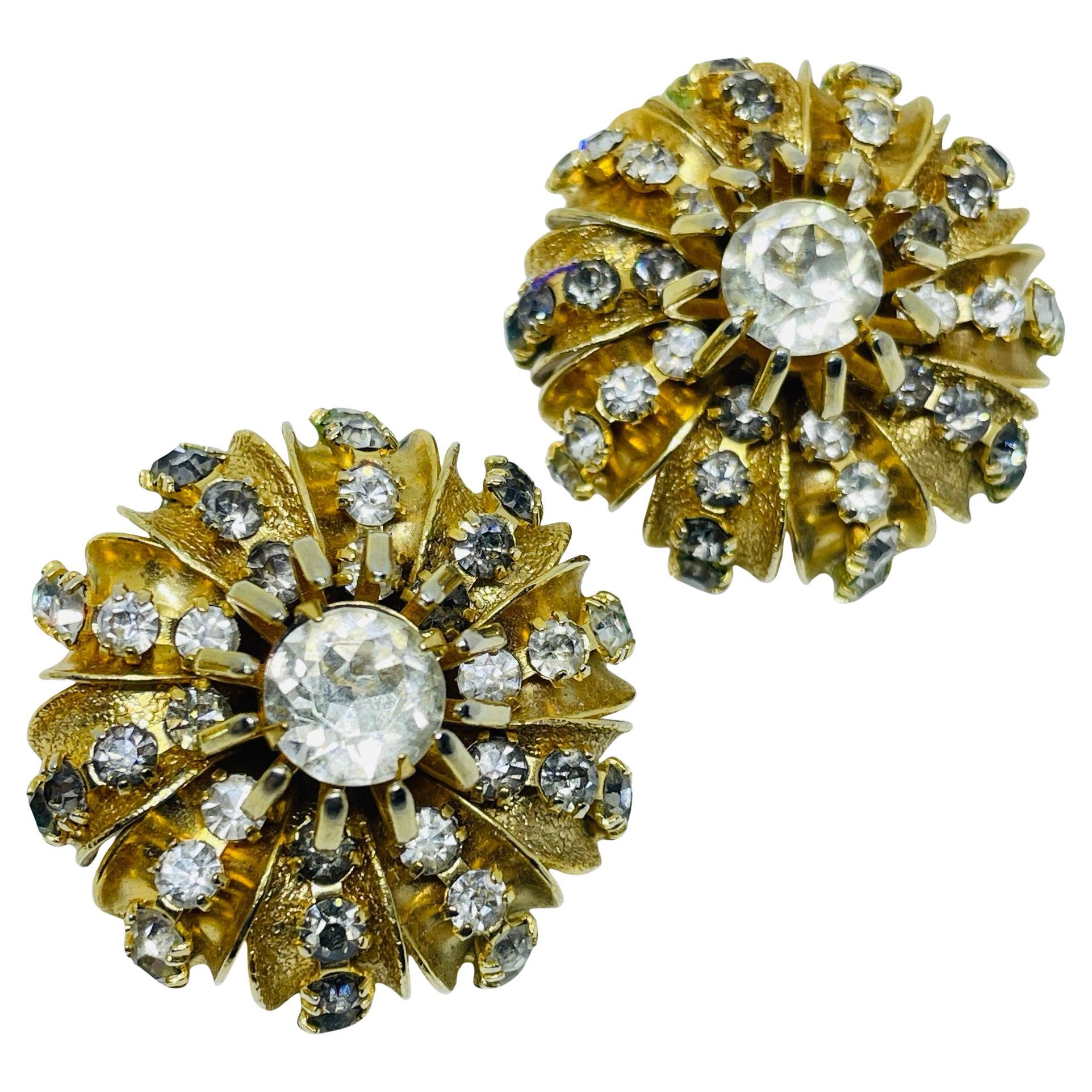 HOBE signed vintage gold tone rhinestone designer clip on earrings