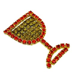 HOBE signed vintage gold tone rhinestone wine glass designer brooch