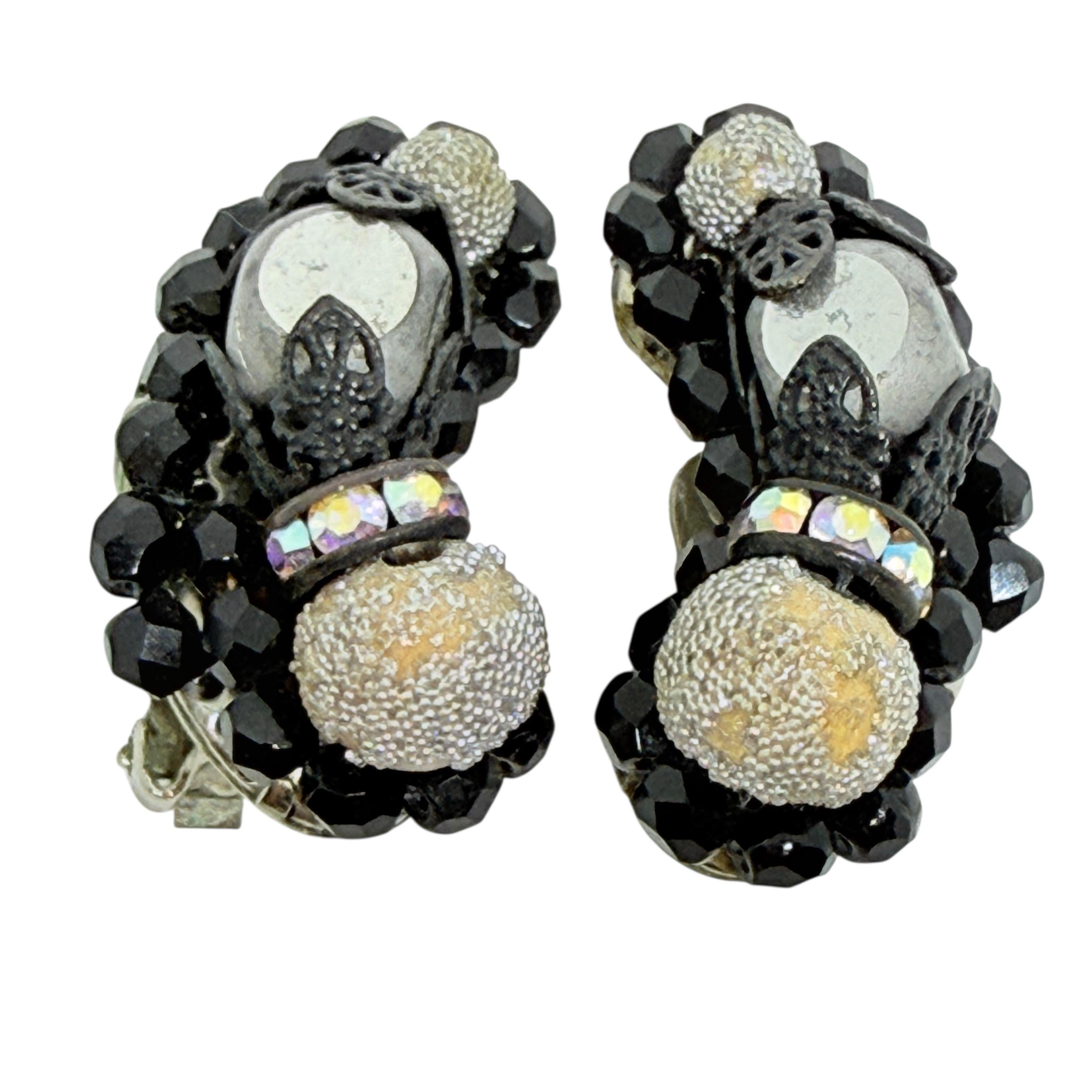 HOBE signiert Jahrgang Silber Ton Glas Steine Designer Clip auf Ohrringe