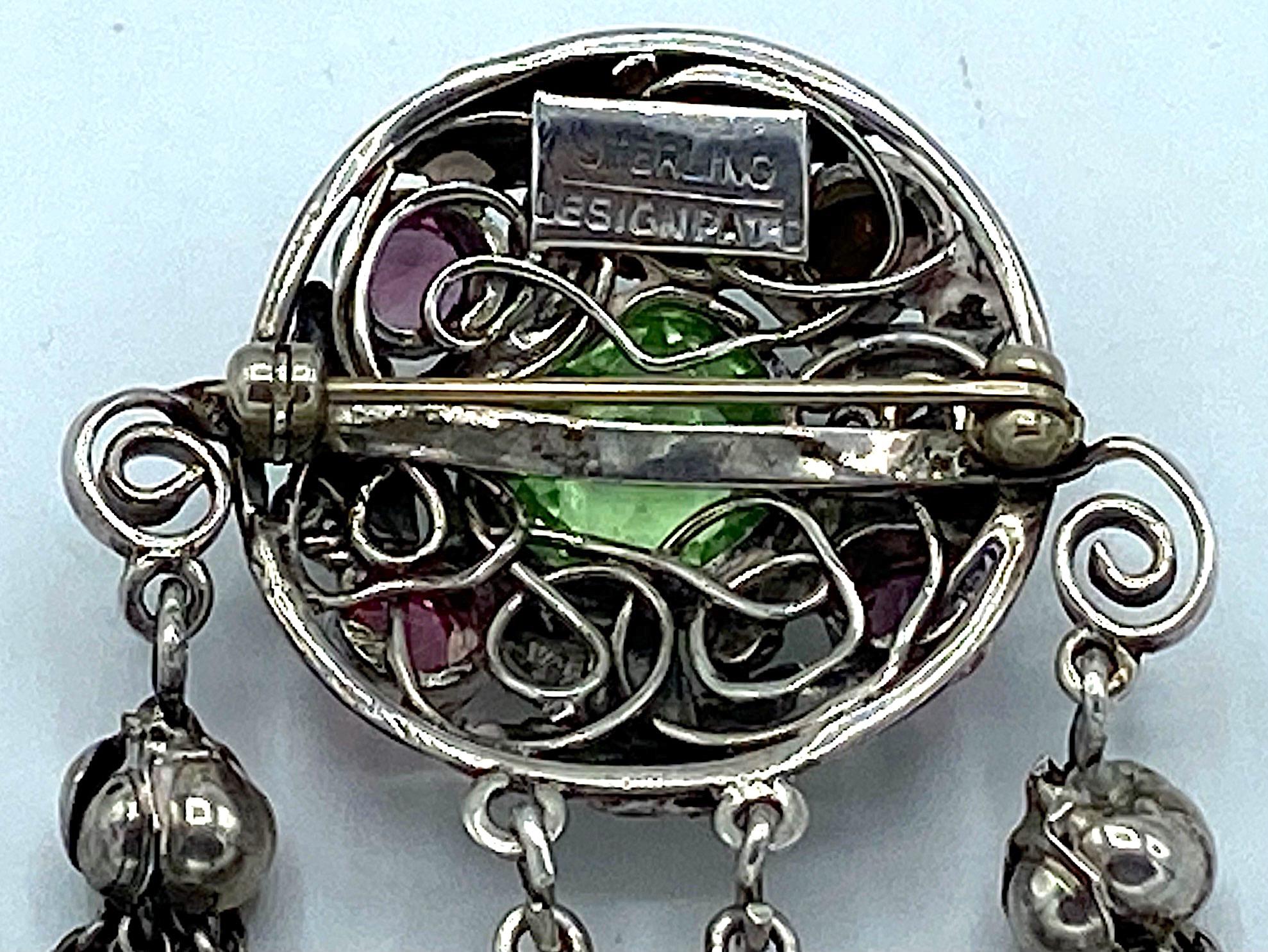 Hobe' Sterling Silver Glass Jeweled 1940s Tassel Brooch 7