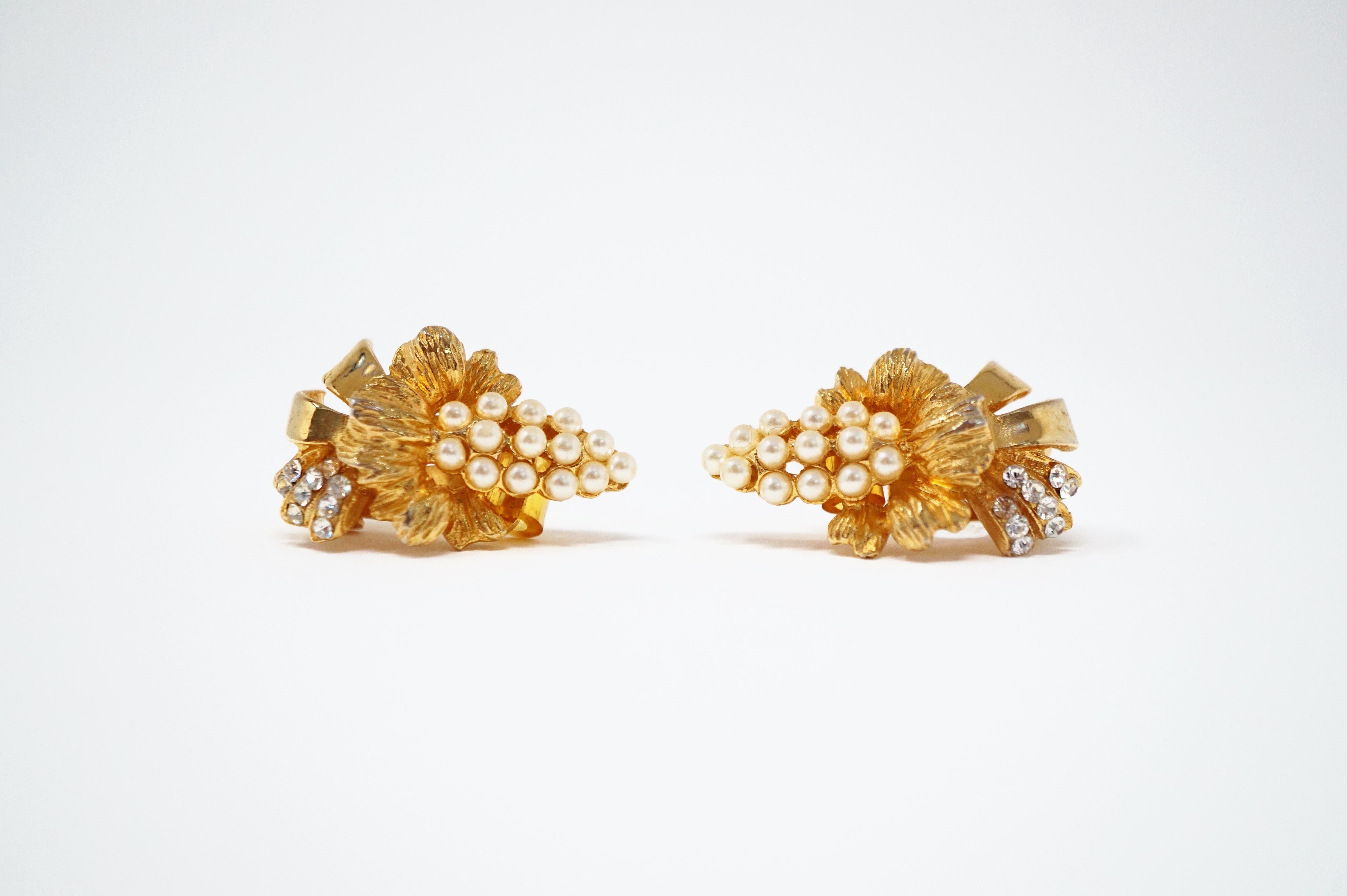 Hobé Vintage Gilded Pearl & Crystal Rhinestone Statement Earrings, Signed, 1950s For Sale 2