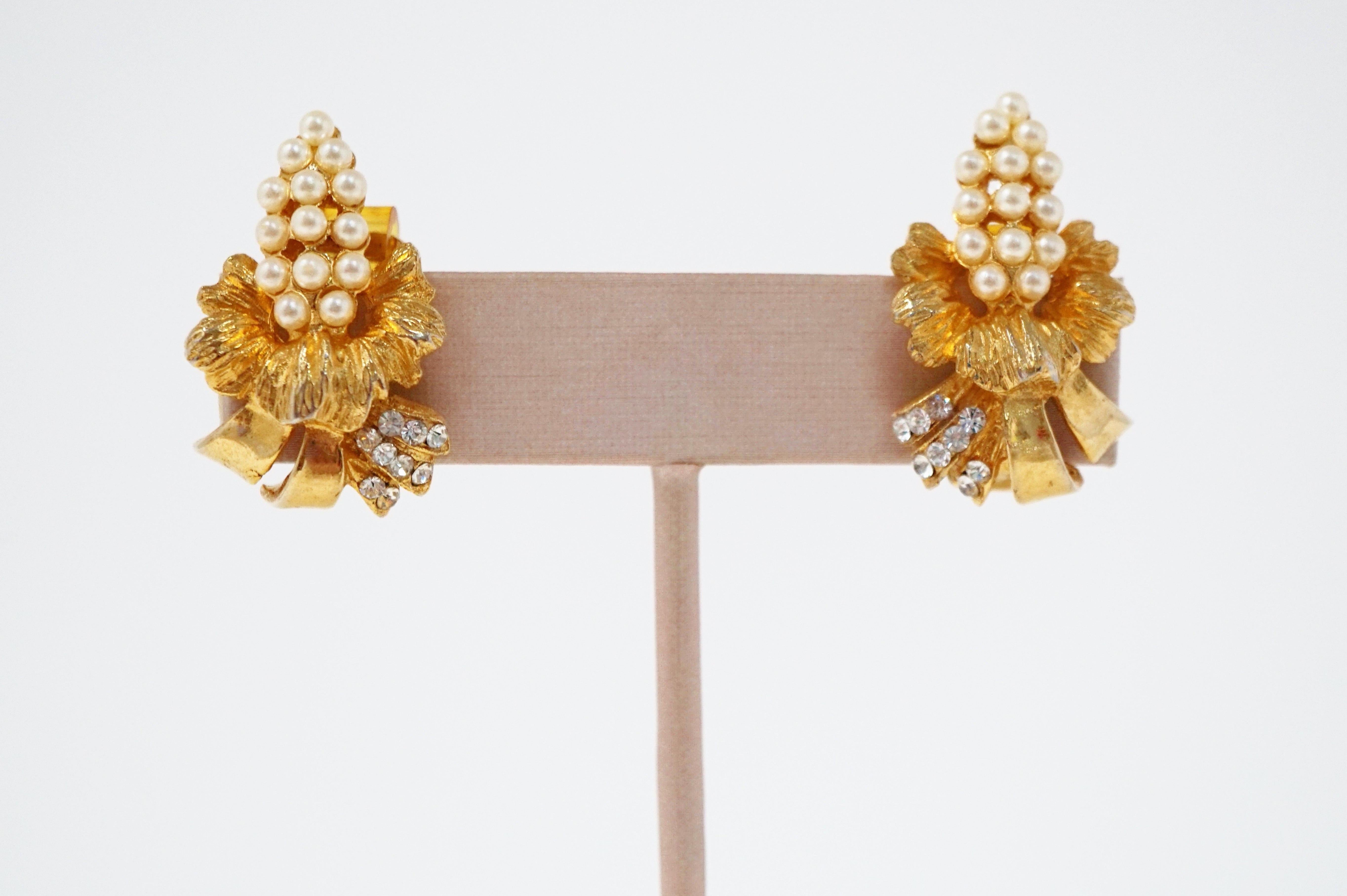 Hobé Vintage Vergoldete Perle & Kristall Strass Statement-Ohrringe, signiert, 1950er Jahre im Angebot 2