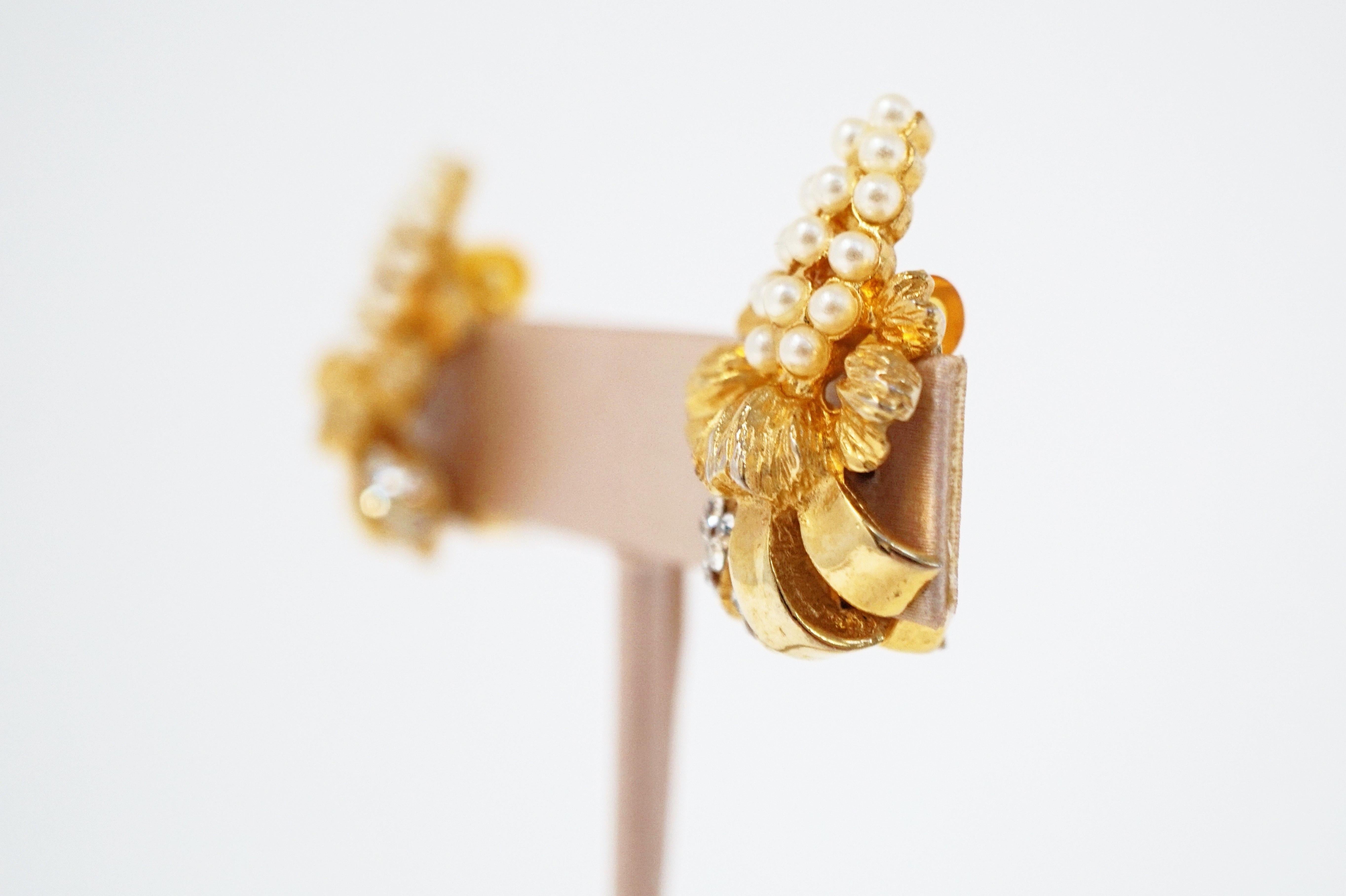 Women's Hobé Vintage Gilded Pearl & Crystal Rhinestone Statement Earrings, Signed, 1950s