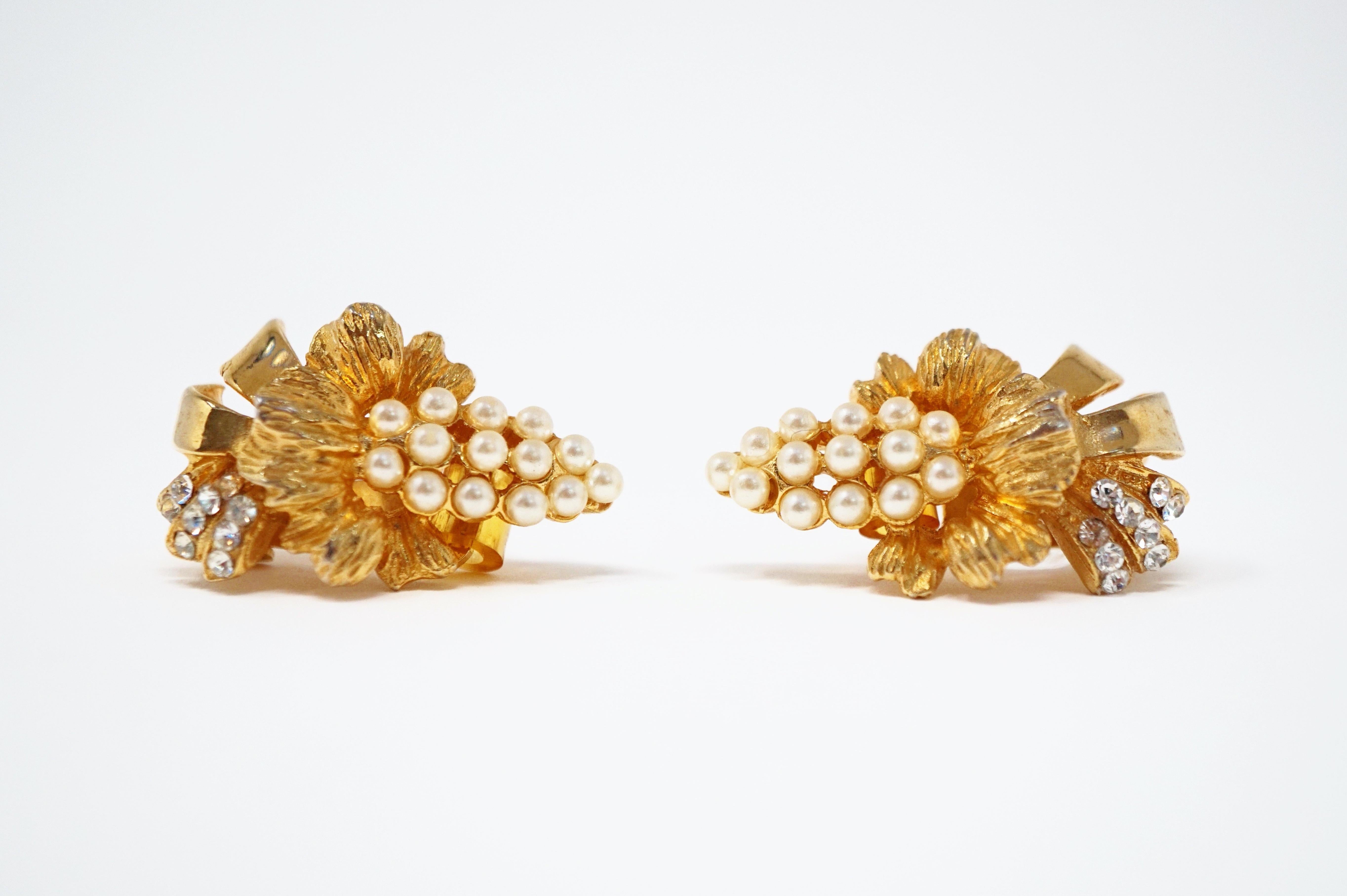 Hobé Vintage Gilded Pearl & Crystal Rhinestone Statement Earrings, Signed, 1950s For Sale 1