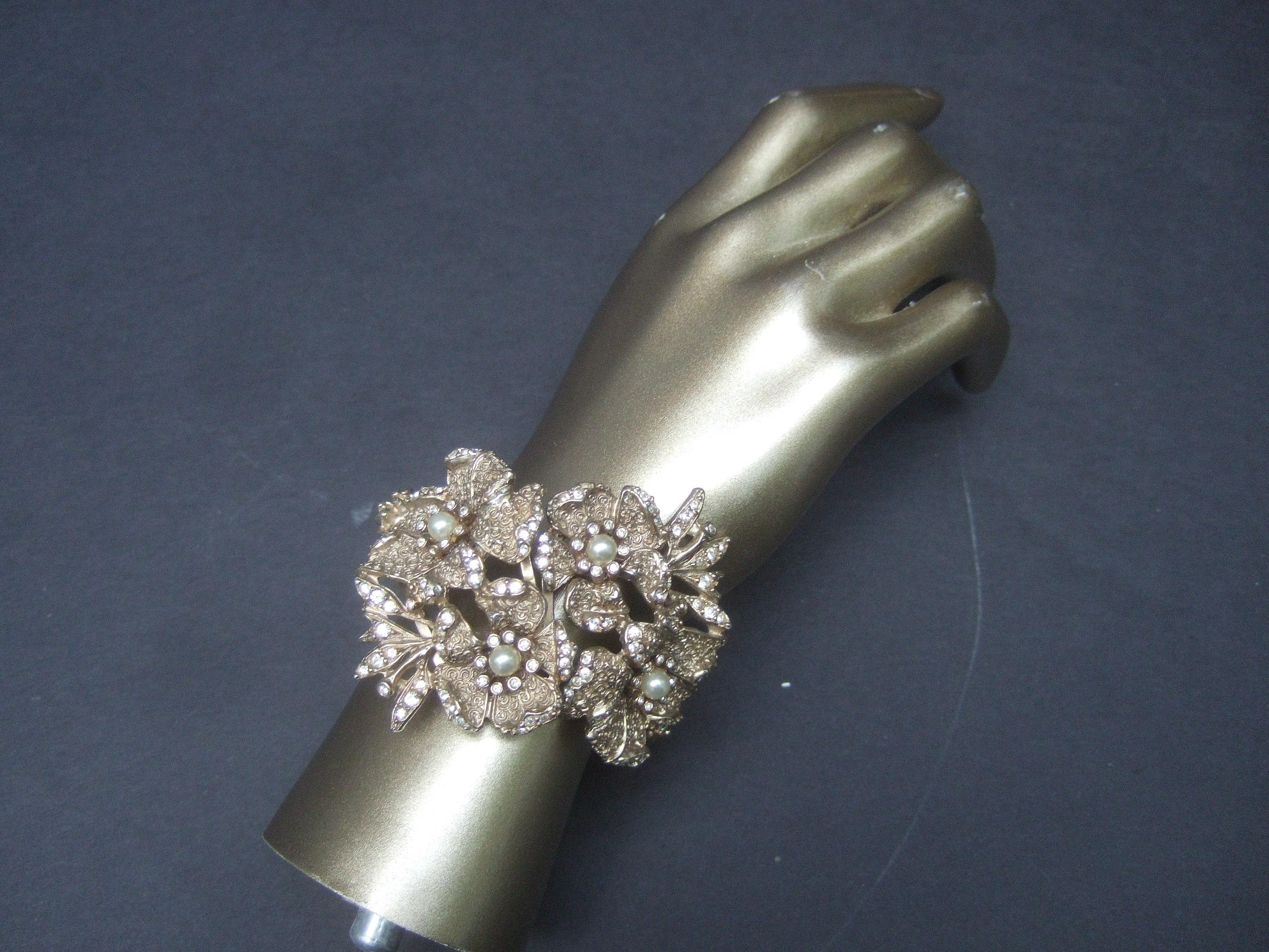 Hobe' Wide Gilt Metal Jewel Encrusted Hinged Cuff Bracelet c 1960s 6