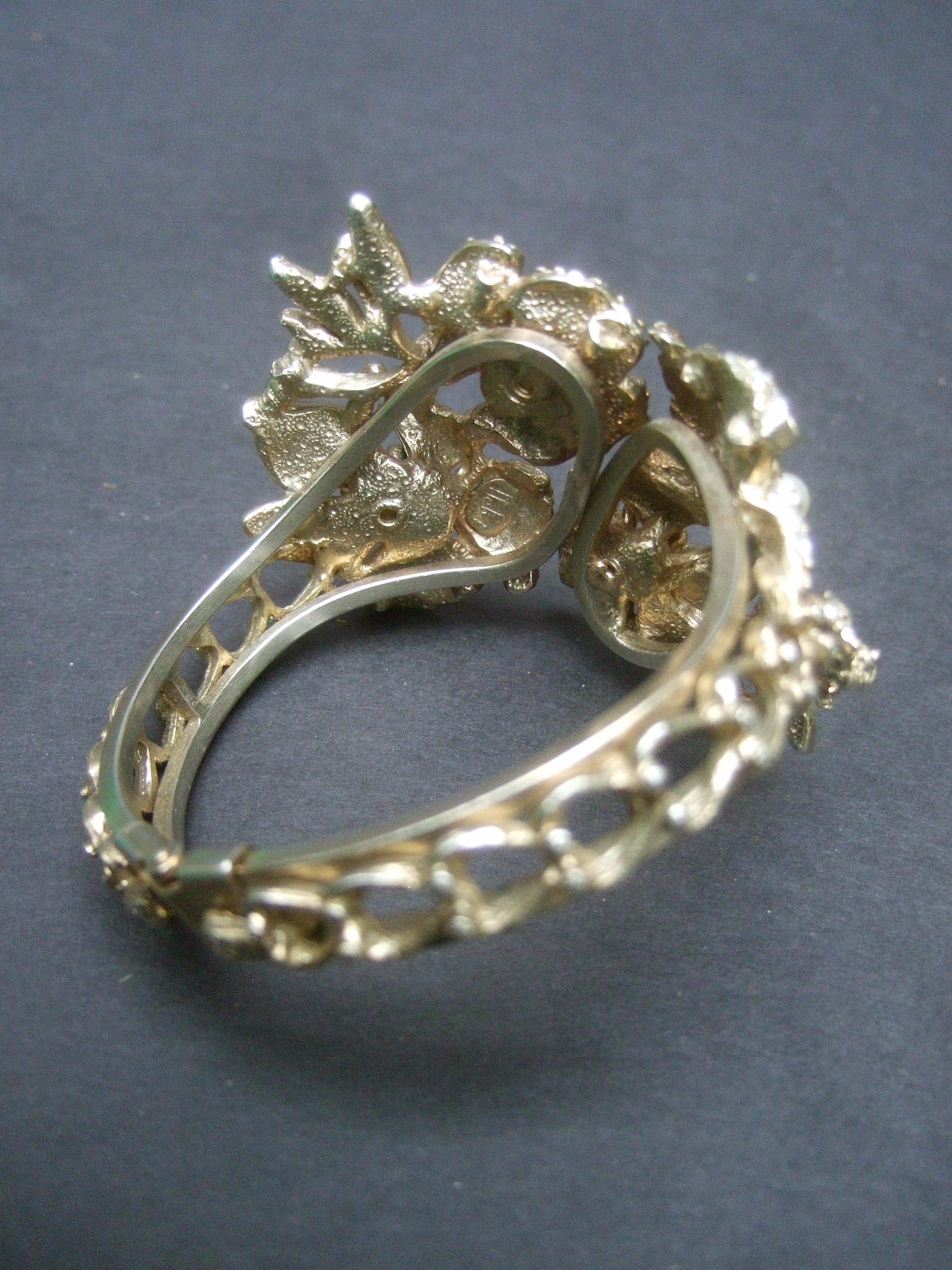 Hobe' Wide Gilt Metal Jewel Encrusted Hinged Cuff Bracelet c 1960s 7