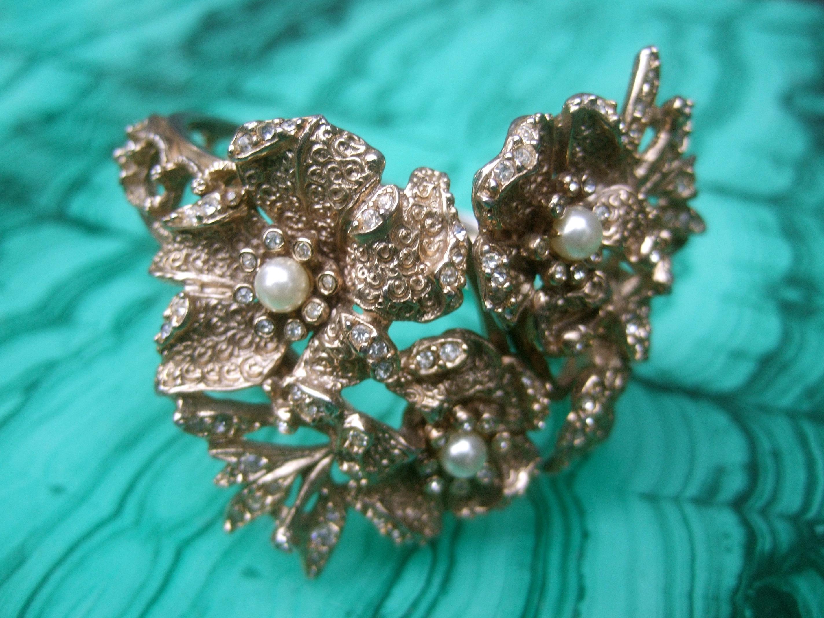Hobe' Wide Gilt Metal Jewel Encrusted Hinged Cuff Bracelet c 1960s 8