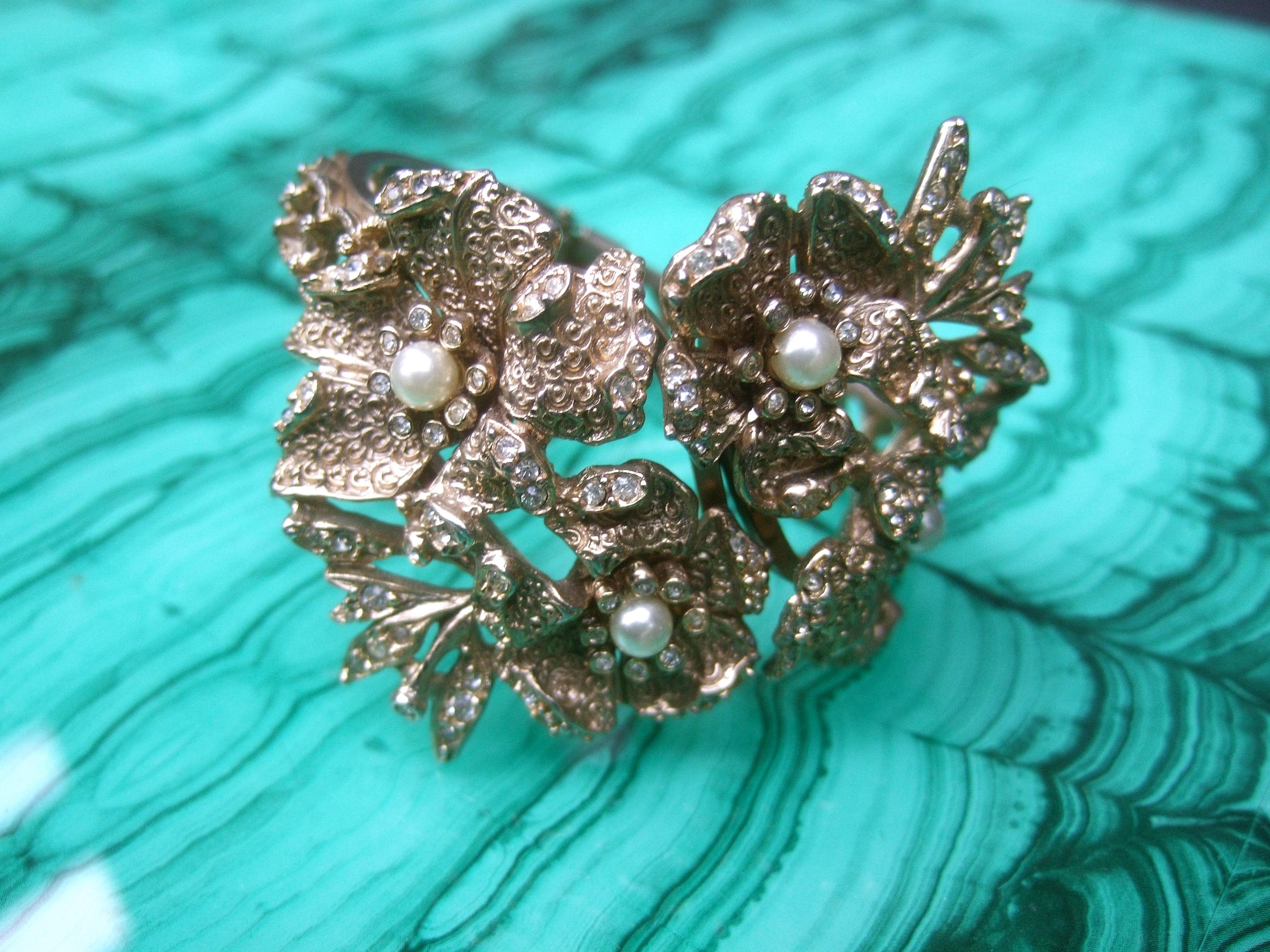 Hobe' Wide Gilt Metal Jewel Encrusted Hinged Cuff Bracelet c 1960s 9