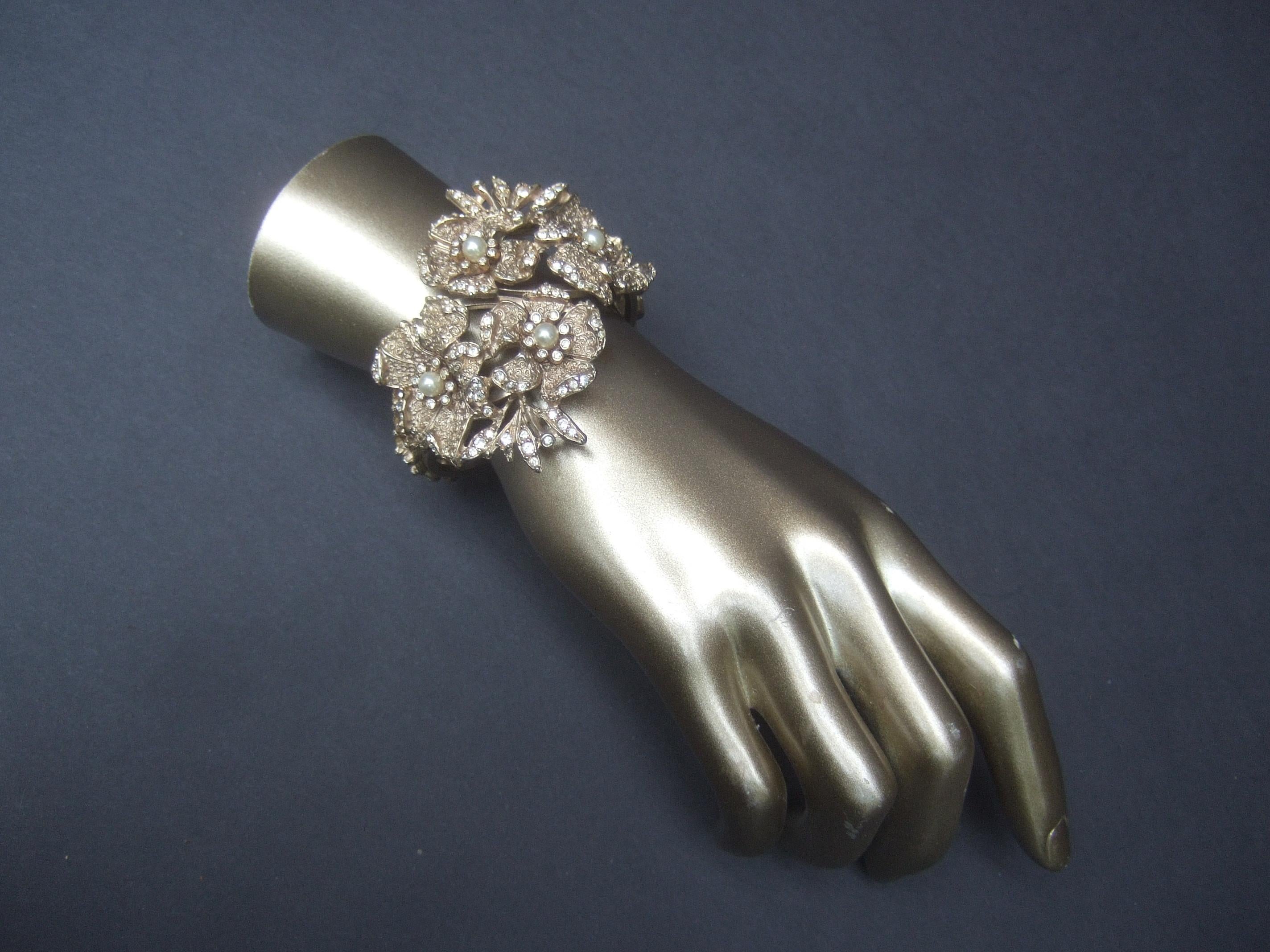 Women's Hobe' Wide Gilt Metal Jewel Encrusted Hinged Cuff Bracelet c 1960s